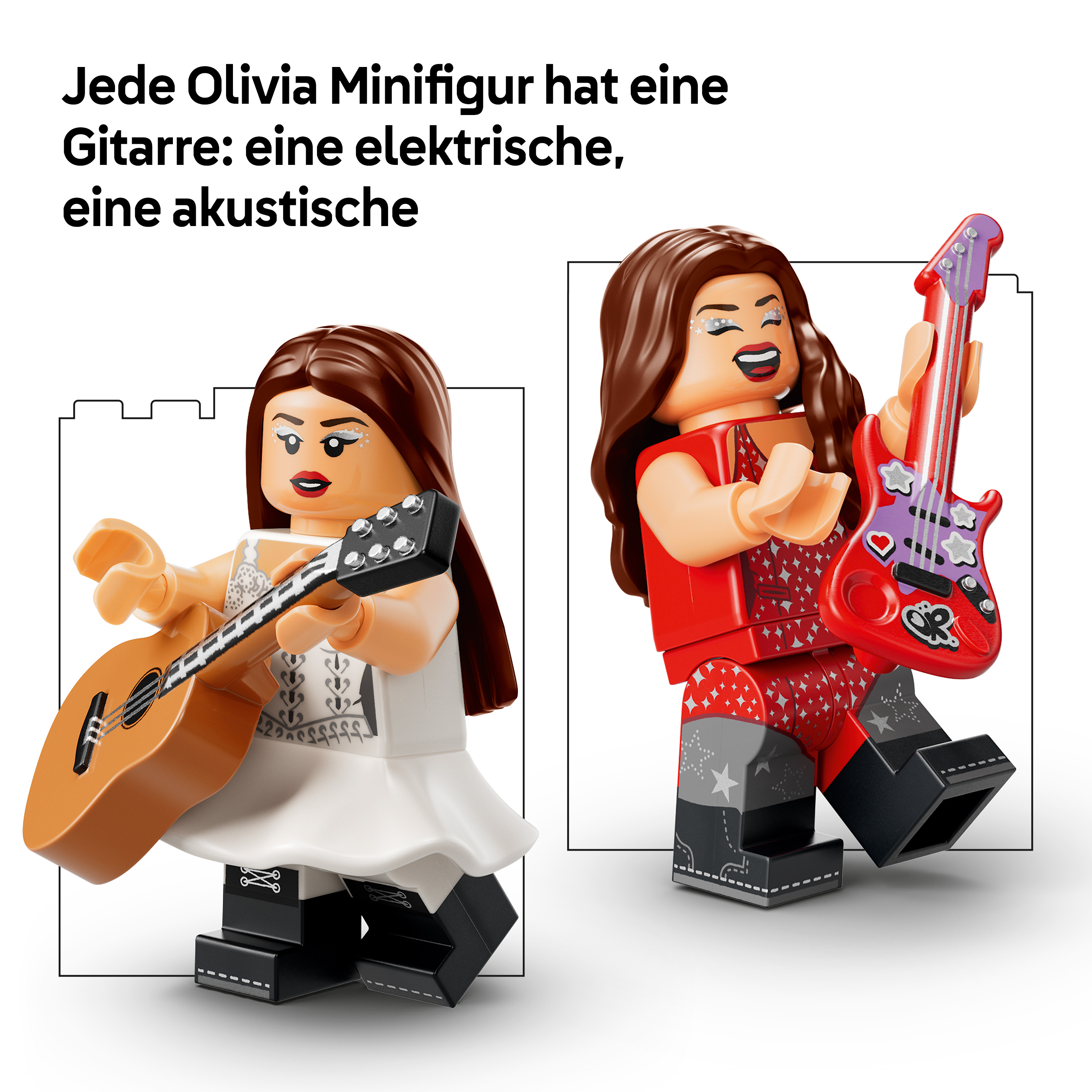 Zwei Olivia Lego Minifiguren: eine mit Akustikgitarre in Weiß, eine mit E-Gitarre in Rot.