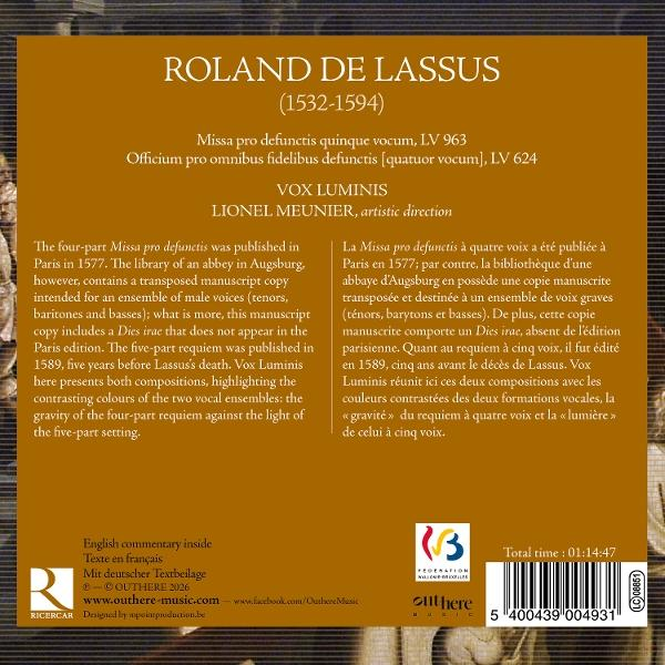 Rückseite einer CD mit Text zu Roland de Lassus, Musik von Vox Luminis und Barcode.