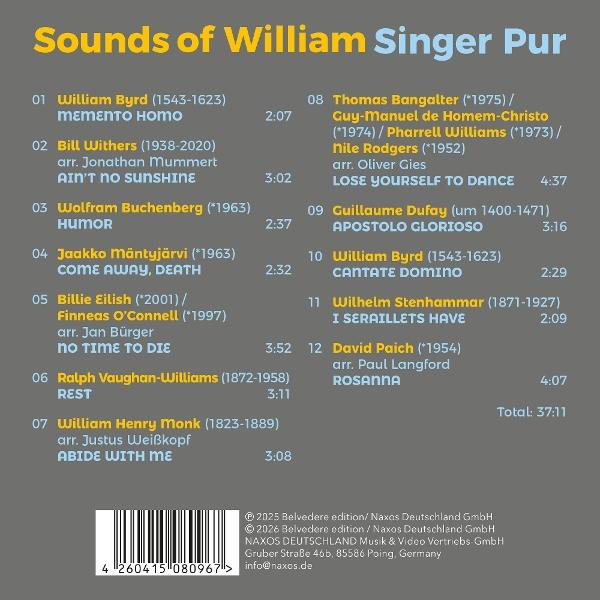 Titelliste für das Album Sounds of William Singer Pur mit zwölf Tracks, Gesamtlänge 37:11 und Barcode unten.