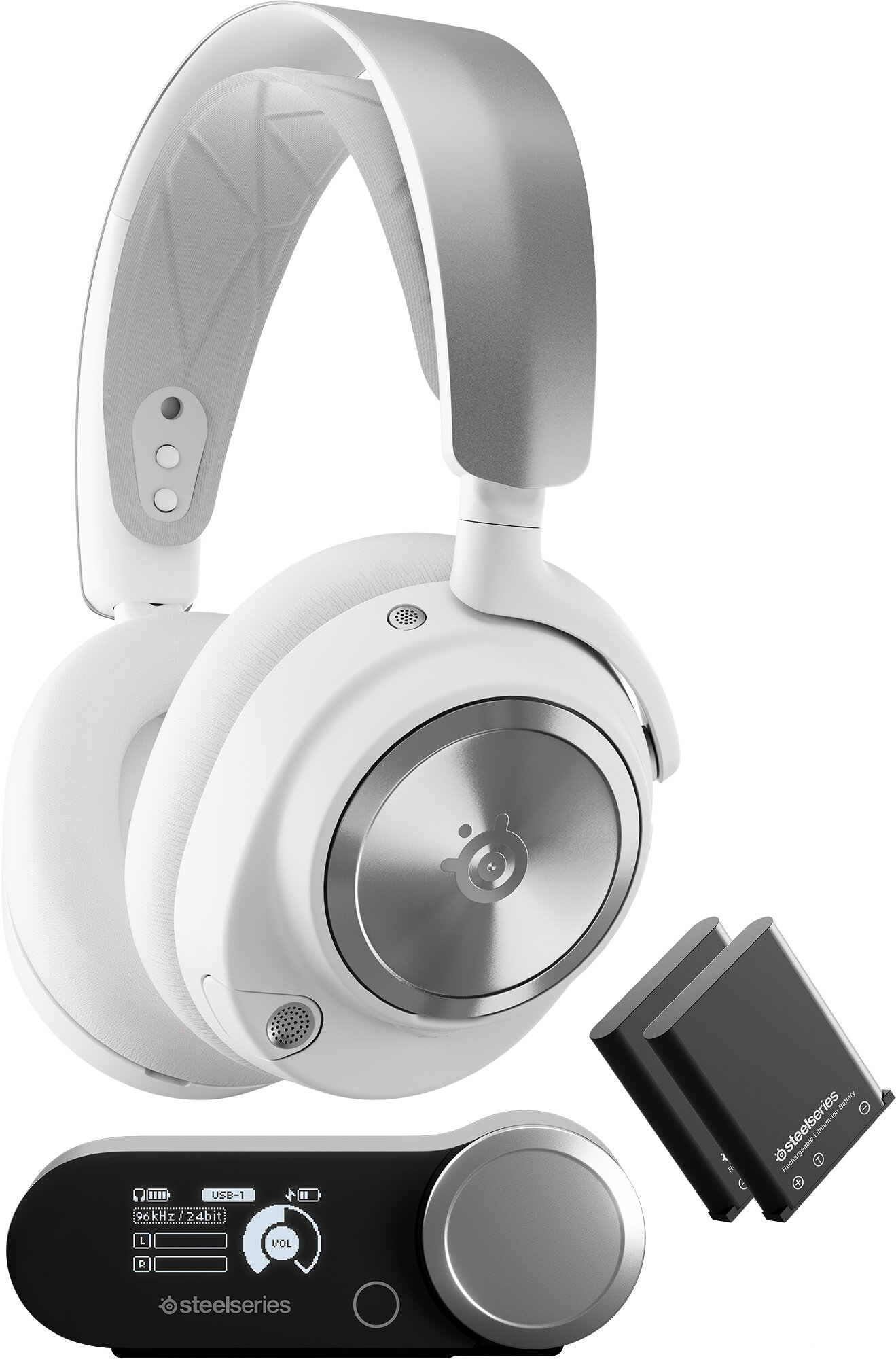 Białe słuchawki SteelSeries ze stacją bazową i dwiema bateriami.