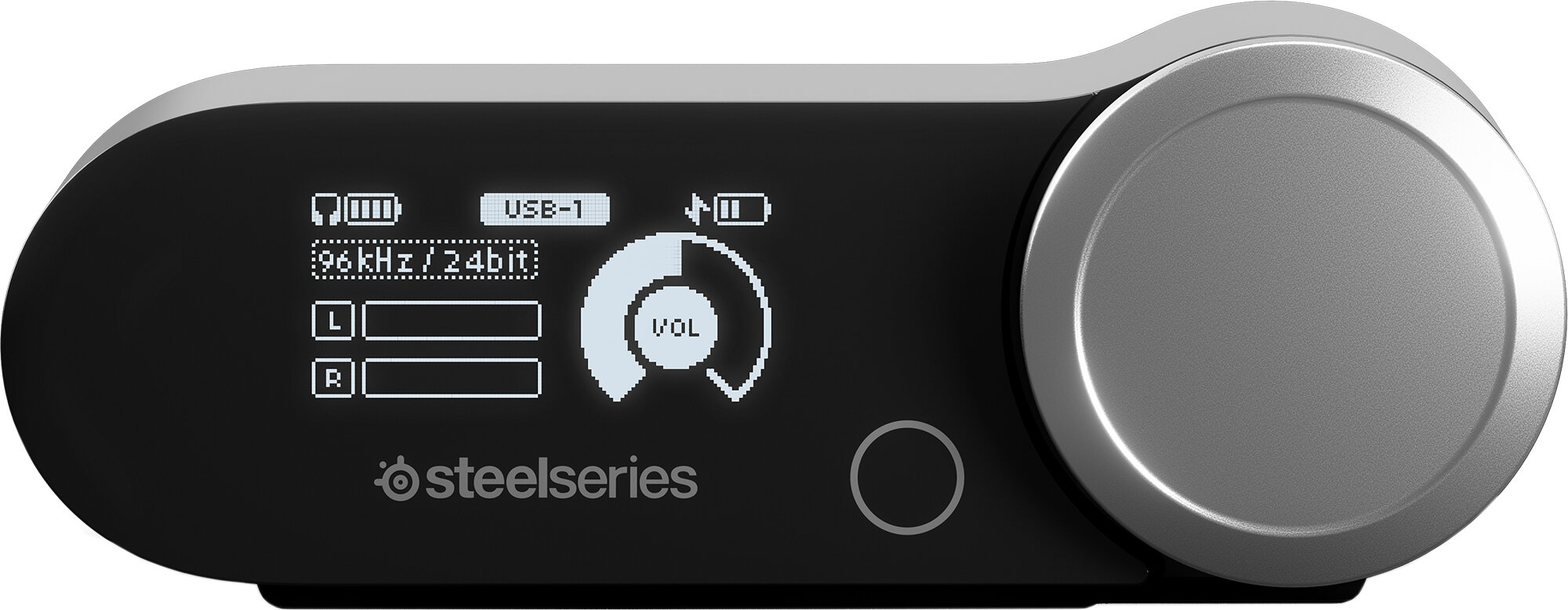 Czarny przetwornik DAC SteelSeries z ekranem OLED, pokrętłem głośności i białym wyświetlaczem LED.