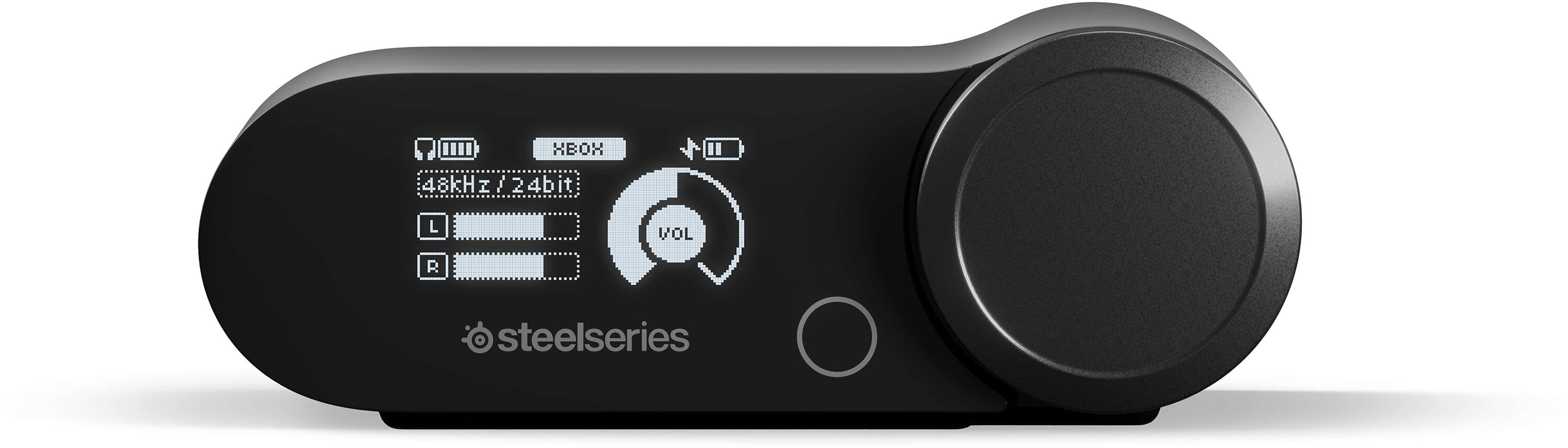 Czarny mikser audio SteelSeries z cyfrowym wyświetlaczem pokazującym głośność i stan Xbox.