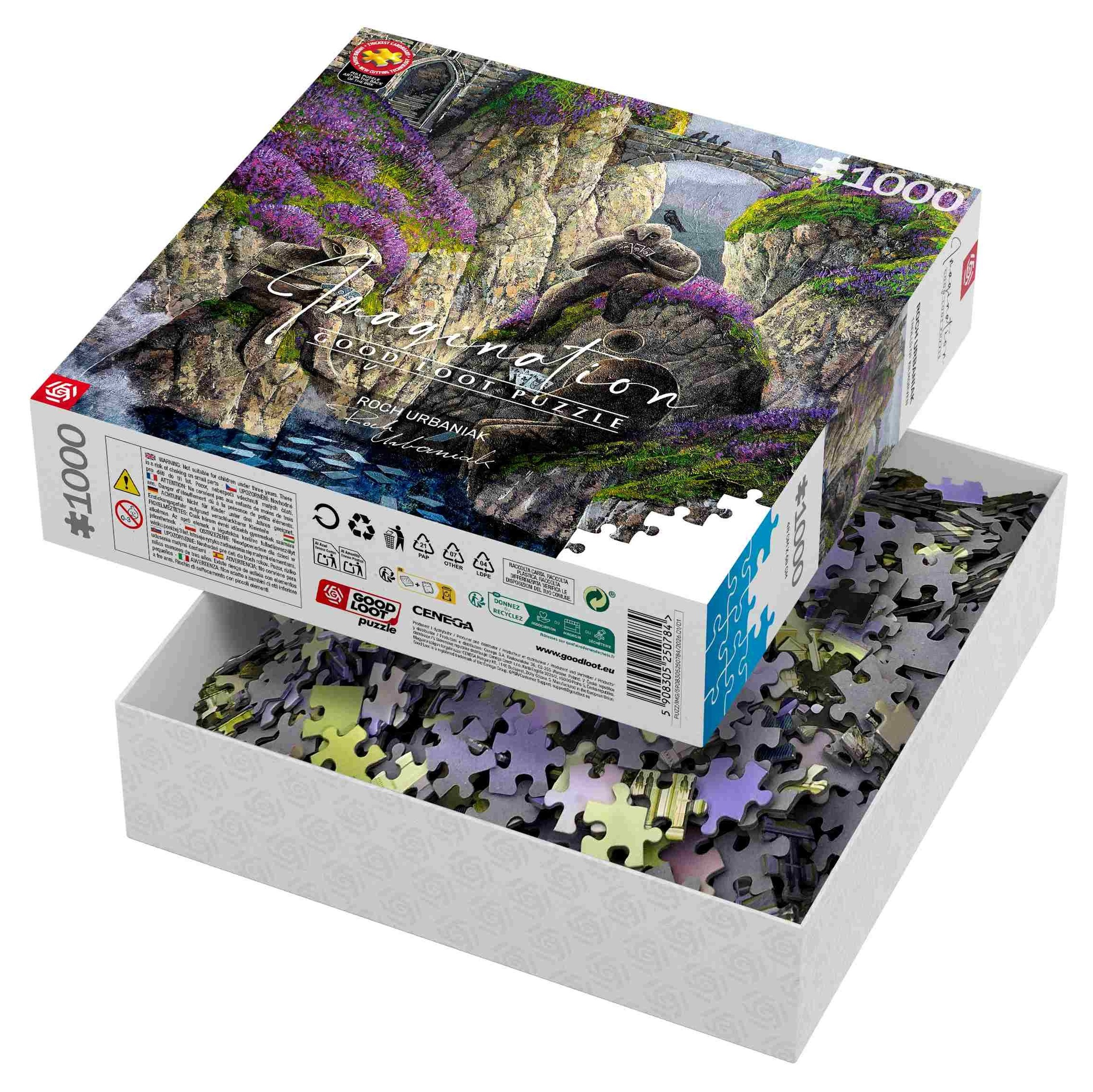 Puzzle składające się z 1000 elementów z pudełkiem przedstawiającym fantastyczny krajobraz z mostem i postaciami.