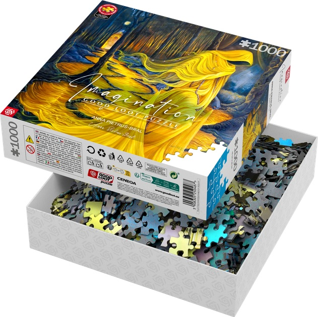 Pudełko puzzli na 1000 elementów zatytułowane Imagination, przedstawiające żółtą postać fantasy w mrocznym lesie.