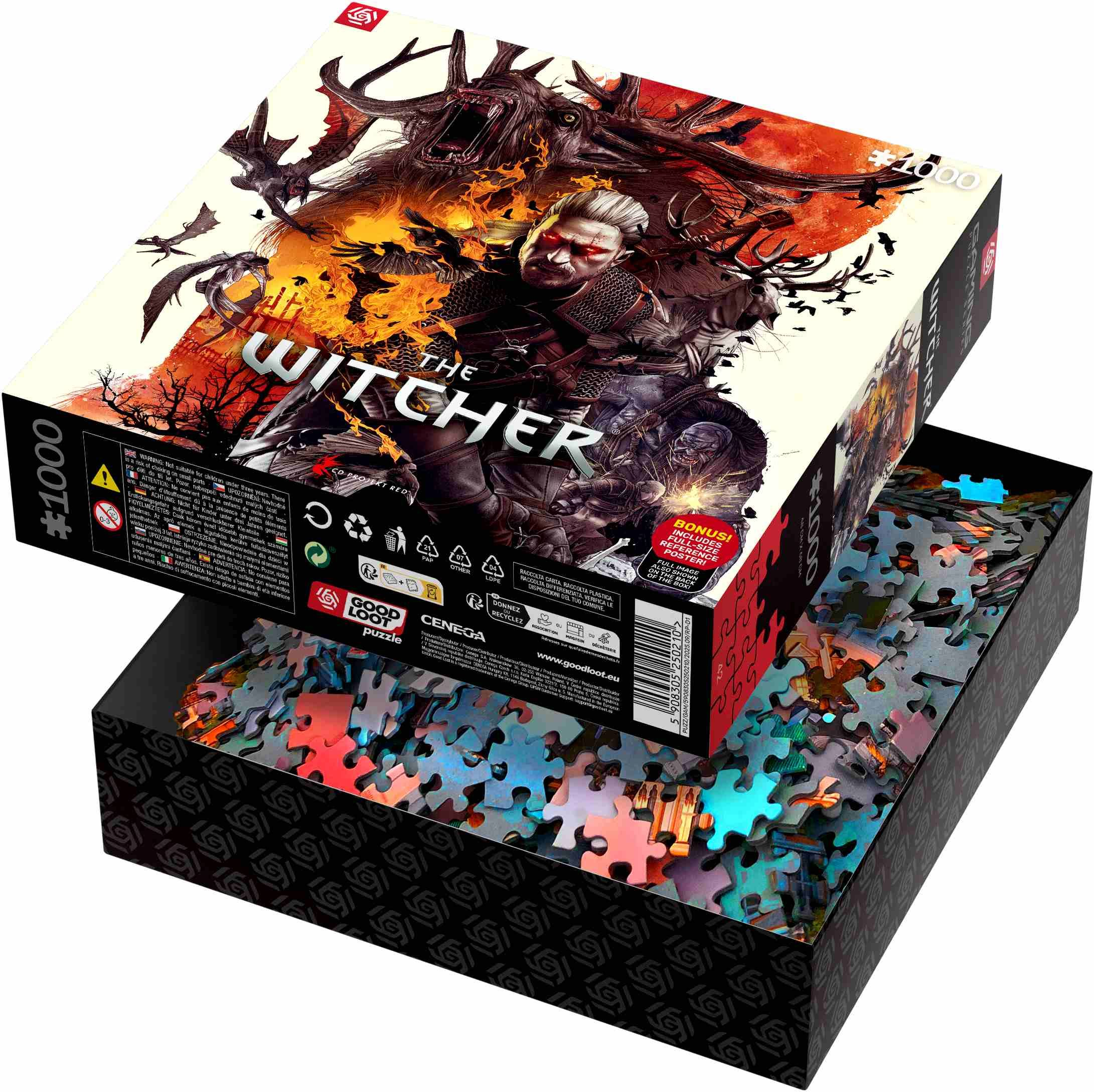 Otwarte pudełko puzzli The Witcher z 1000 elementami, kolorowymi puzzlami w środku i grafiką fantasy na wieku.
