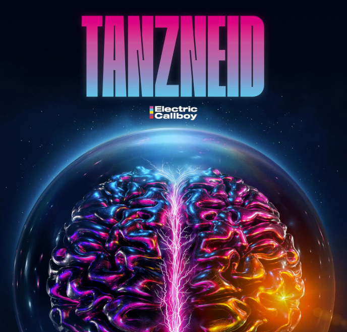 Ein leuchtendes rosa-blaues Gehirn unter einer Glaskuppel mit Tanzneid und Electric Callboy Text vor Sternenhimmel.
