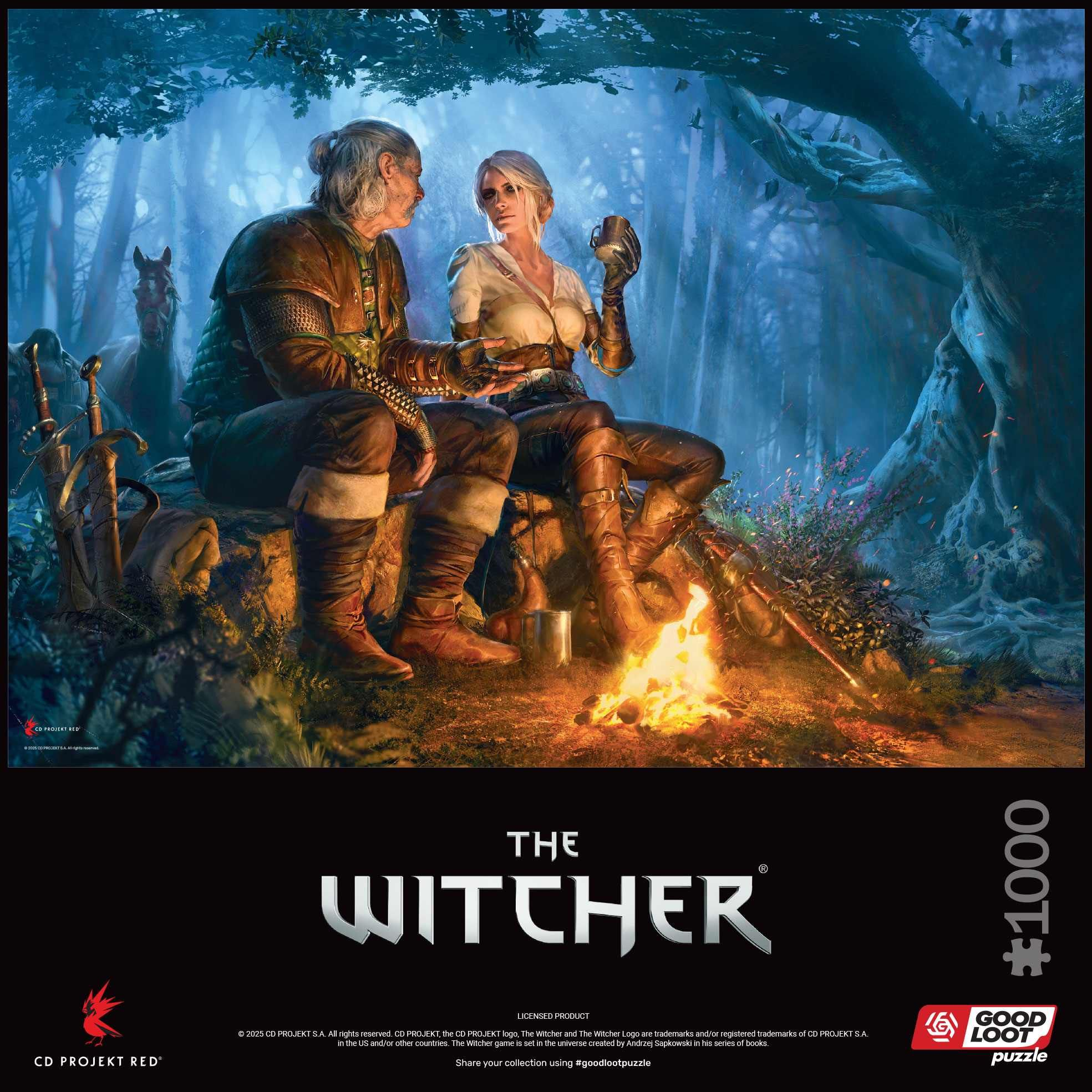Geralt i Ciri siedzą przy ognisku w lesie o zmierzchu, a w tle stoi koń.