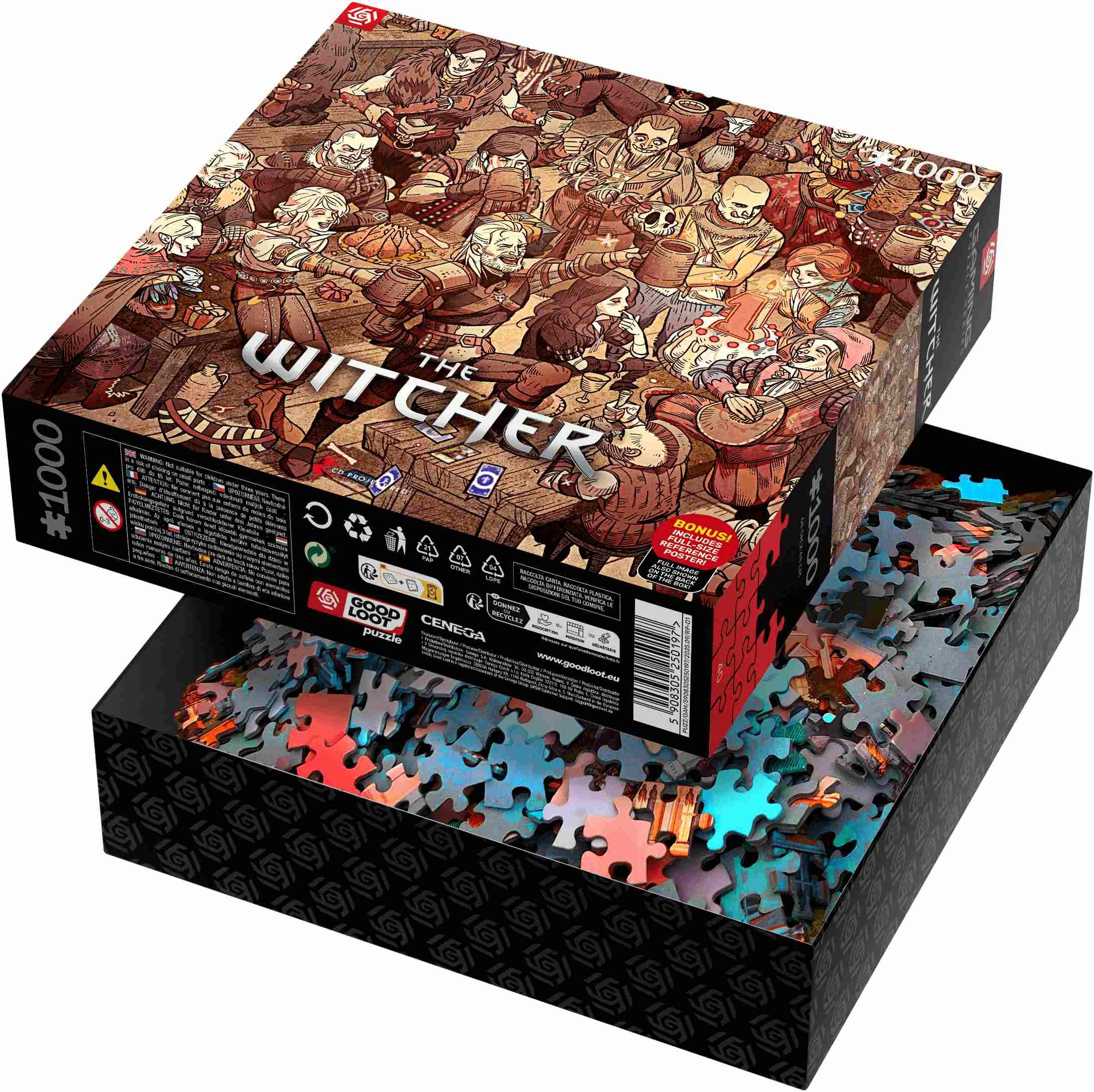 Otwarte pudełko 1000-elementowych puzzli Wiedźmin z kolorowymi elementami w środku.