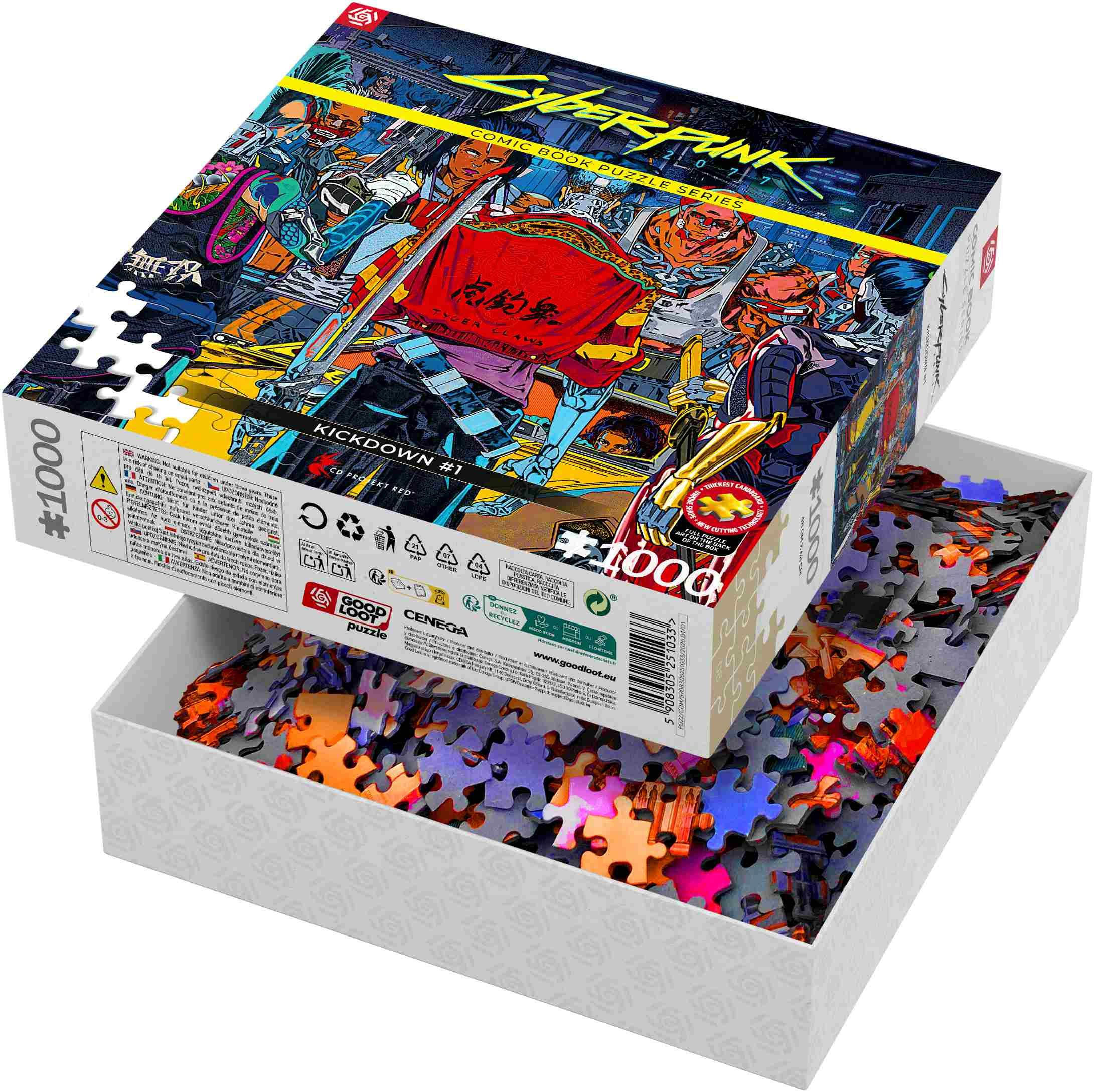 Pudełko puzzli Cyberpunk 2077 z 1000 elementami, komiksową grafiką i kolorowymi puzzlami.