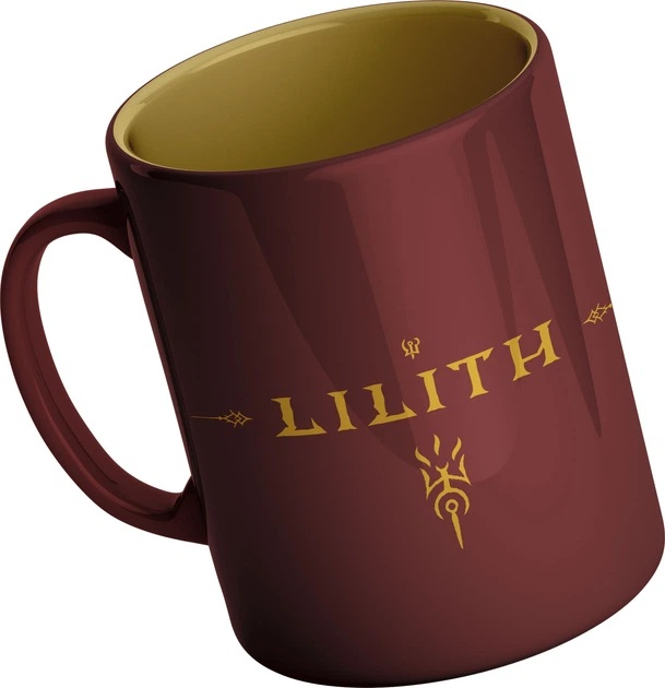 Ciemnoczerwony kubek ze złotym wnętrzem i złotym napisem 'LILITH' na czarnym tle.