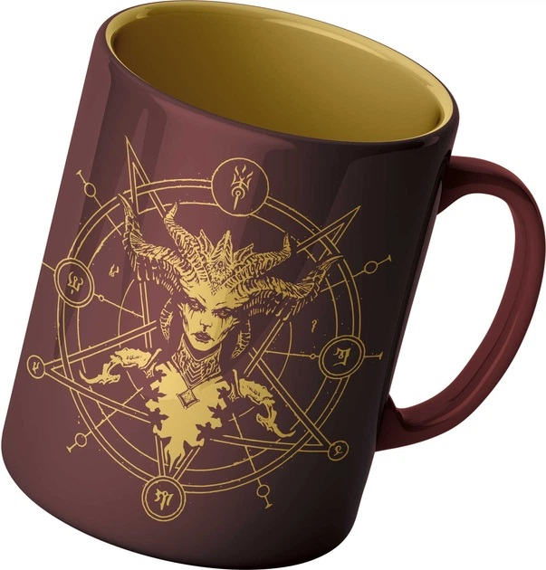 Ciemnoczerwony kubek z złotą grafiką Lilith i symbolami pentagramu.