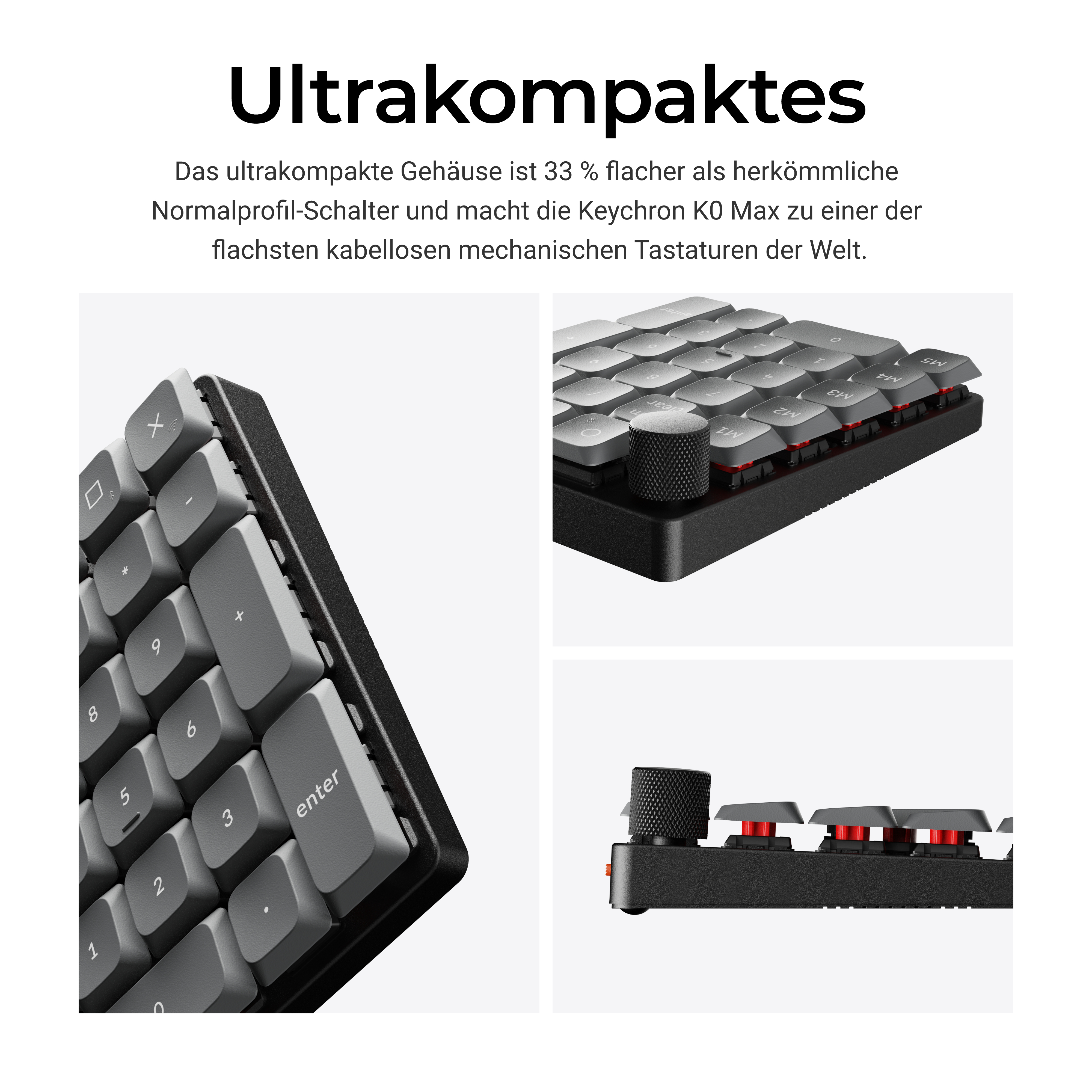 Drei Detailaufnahmen der flachen, kabellosen mechanischen Keychron-Tastatur mit grauem Gehäuse.