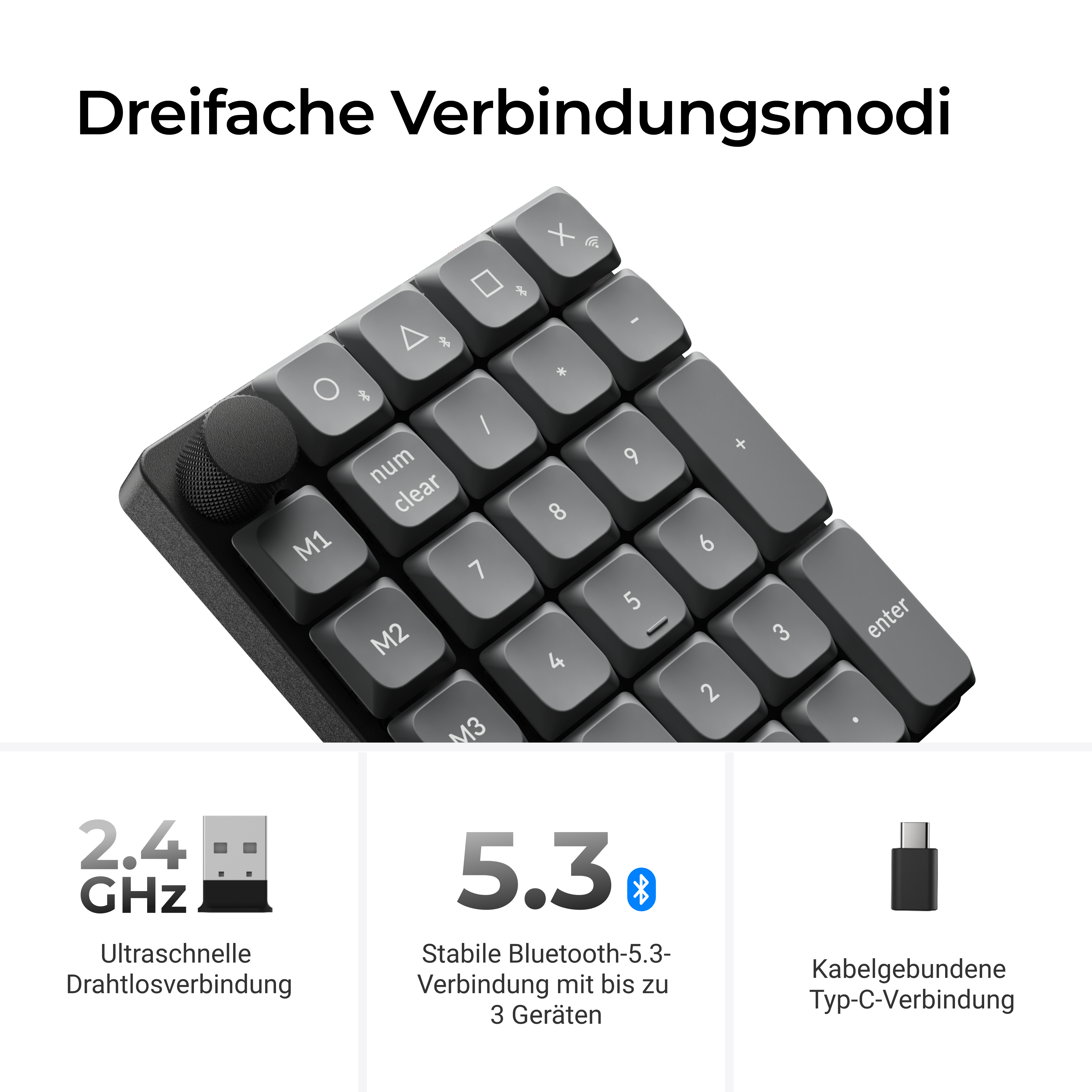 Dunkles Numpad mit Drehregler und drei Verbindungsmodi: 2.4 GHz, Bluetooth 5.3 und USB-C.