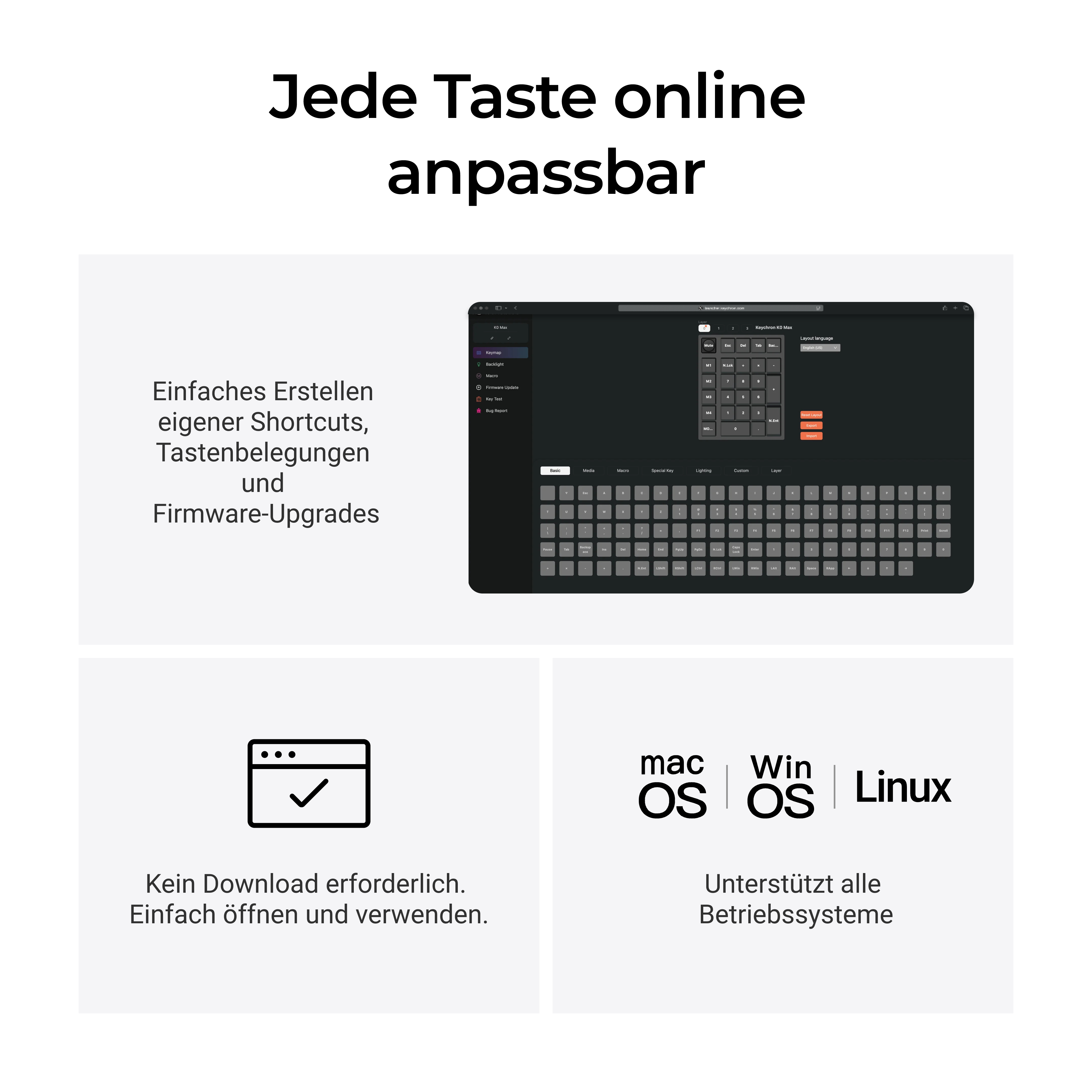 Online anpassbare Tastatur mit Software-Oberfläche und Kompatibilität für macOS, Windows und Linux.