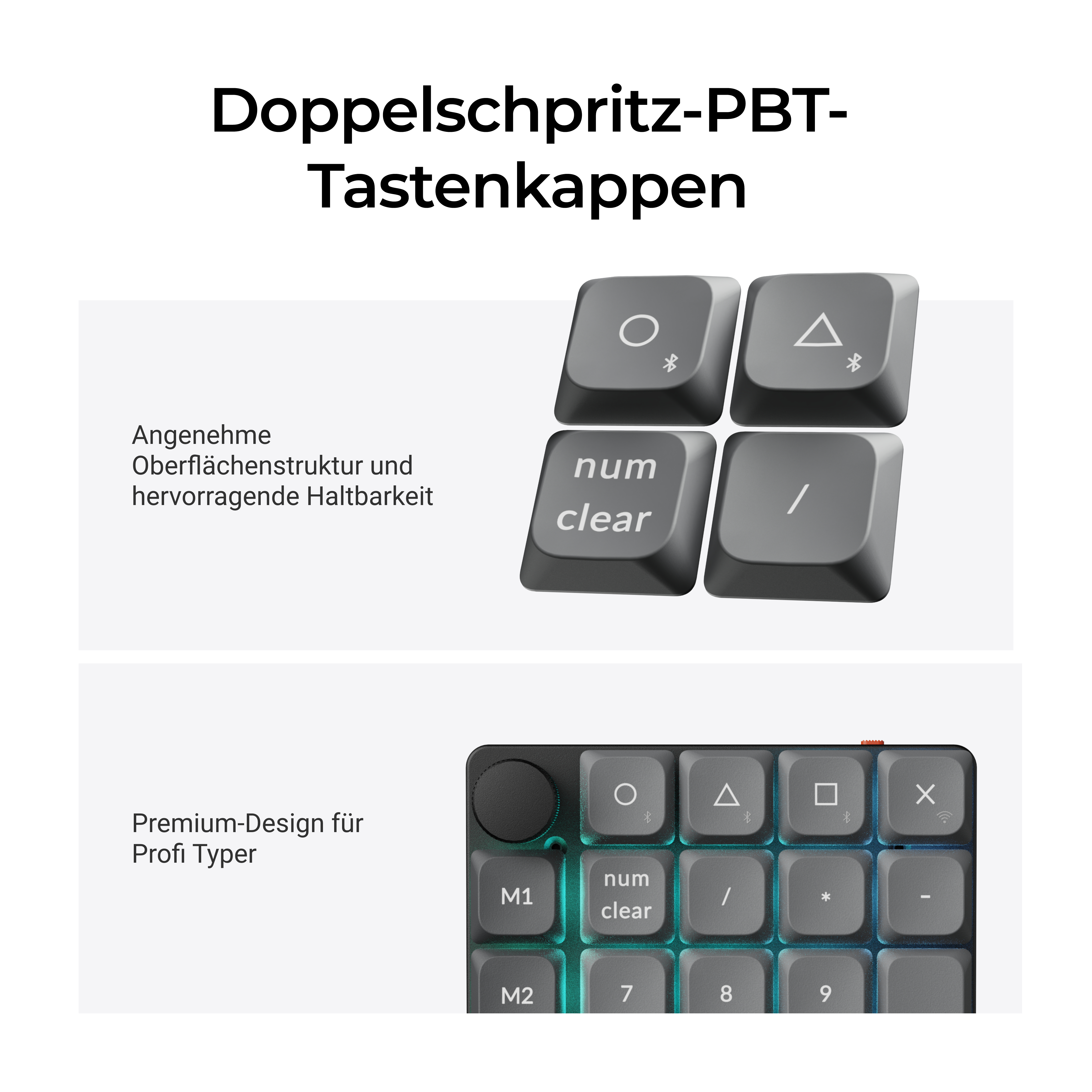 Doppelspritz-PBT-Tastenkappen mit langlebiger Struktur auf einer numerischen Tastatur.