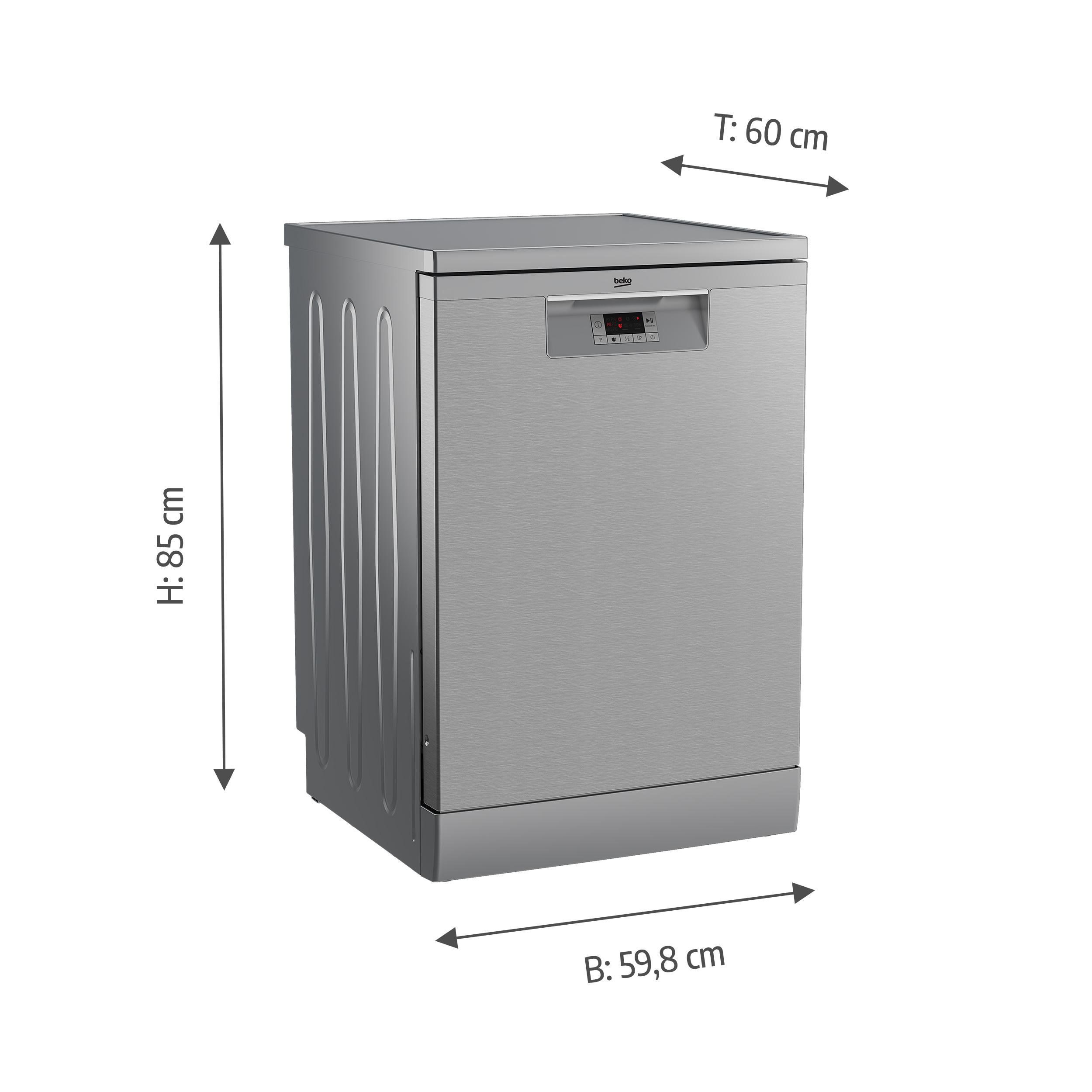 Ein silberner Beko Geschirrspüler mit Maßen: H 85 cm, T 60 cm, B 59,8 cm.