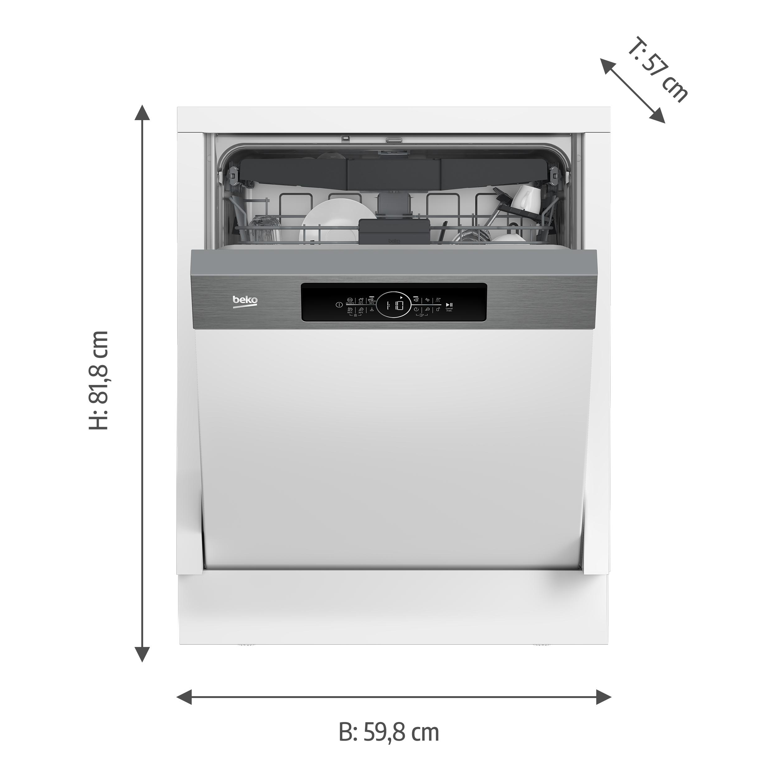 Weiße Beko-Spülmaschine mit offener oberer Schublade und Maßen in Zentimetern angezeigt.