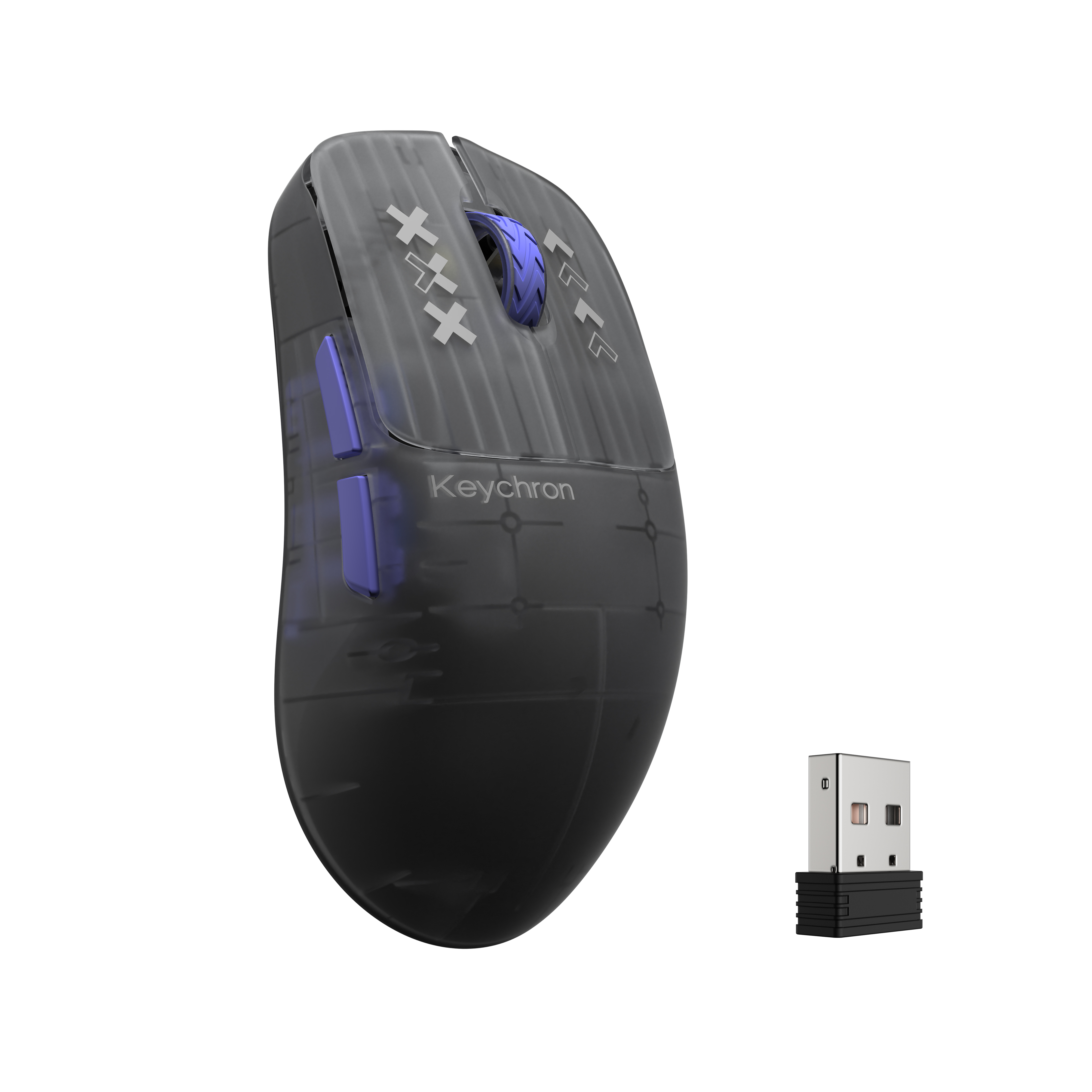 Transparente schwarze Keychron-Funkmaus mit blauen Akzenten und separatem USB-Empfänger auf weißem Hintergrund.