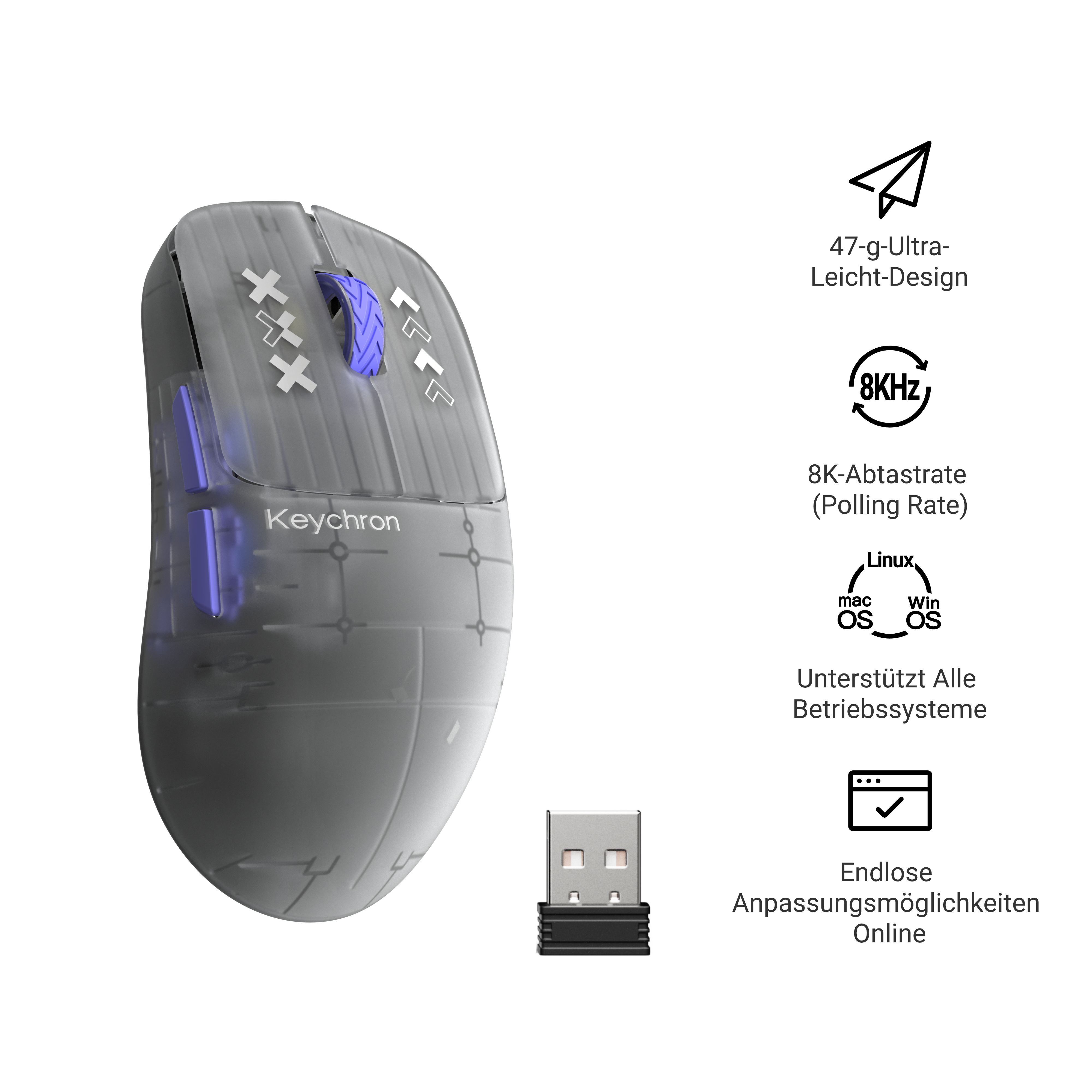 Keychron-Gaming-Maus in Grau mit USB-Empfänger und Keynote-Symbolen für Gewicht, Polling-Rate und Kompatibilität.