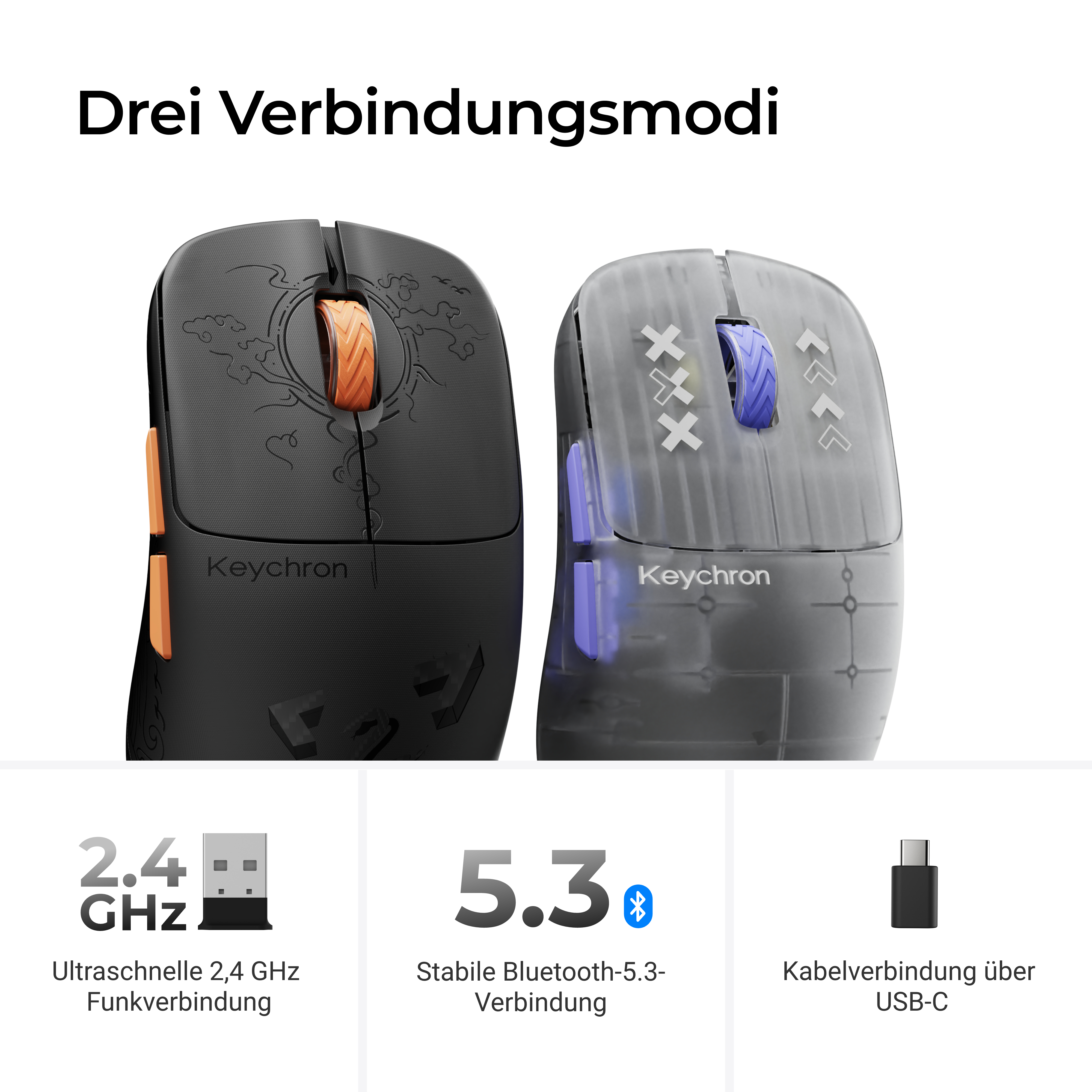 Zwei Keychron Mäuse und drei Verbindungsmodi: 2.4 GHz, Bluetooth 5.3 und USB-C Kabel.