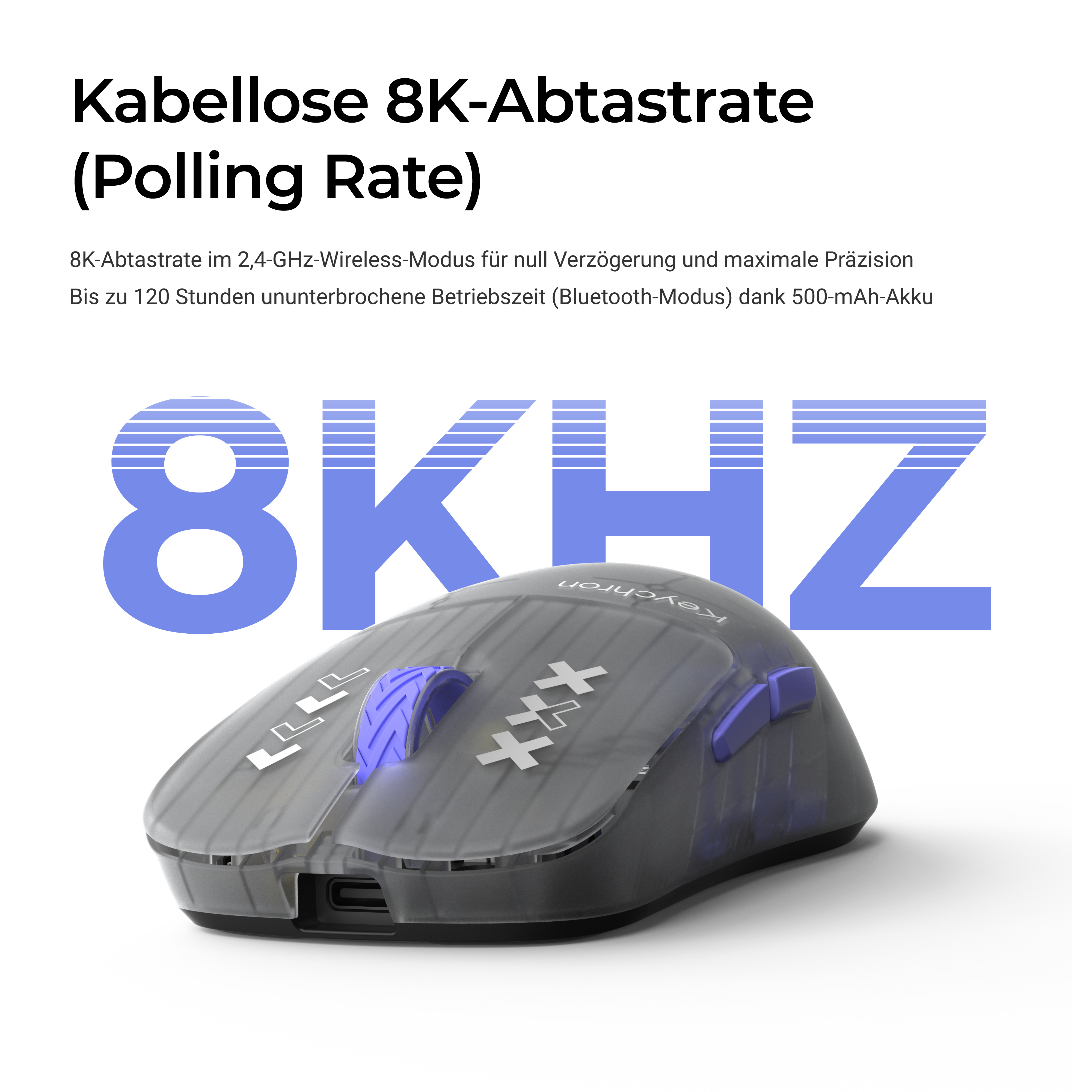 Transparente kabellose Maus mit 8KHZ-Polling-Rate und blauen Akzenten vor weißem Hintergrund.