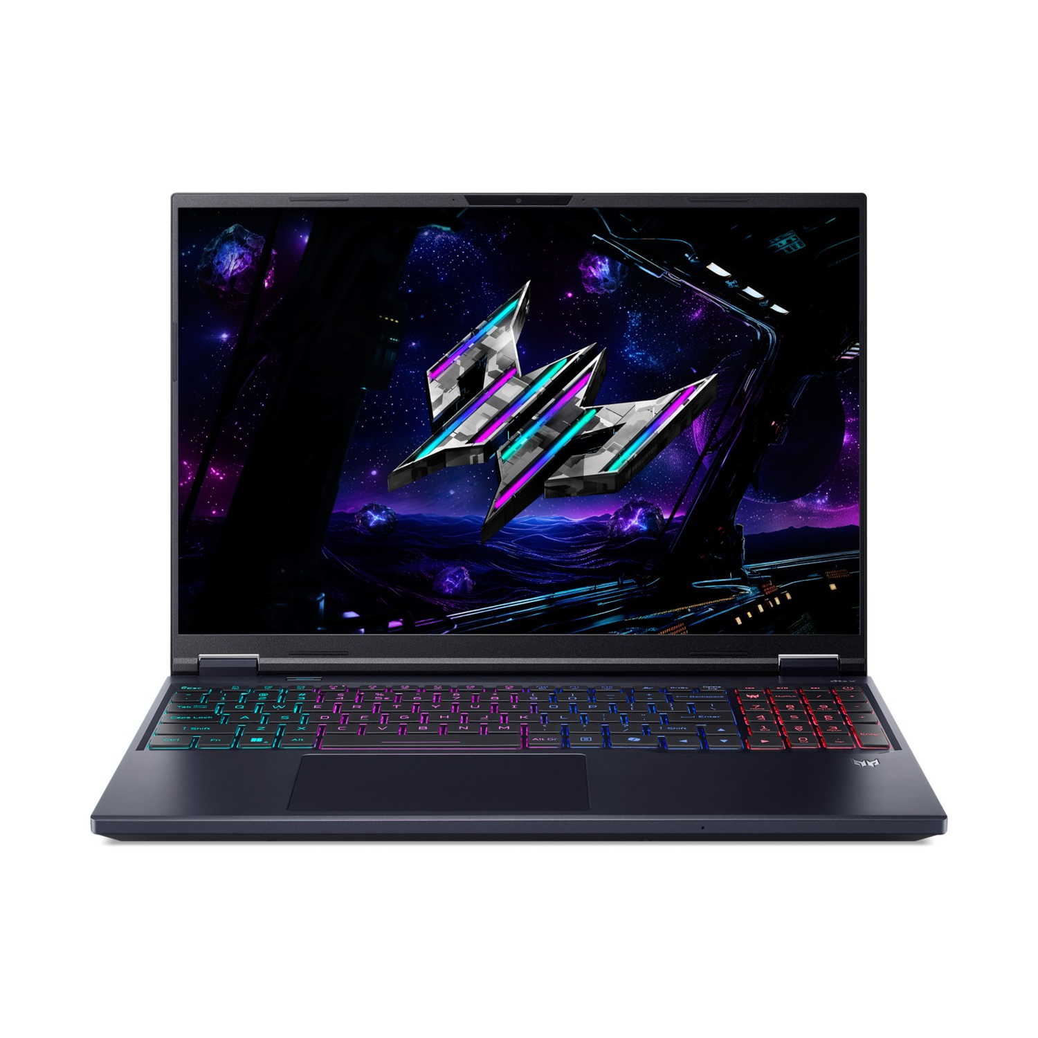 Un laptop da gioco nero con tasti retroilluminati colorati e uno sfondo a tema spaziale.