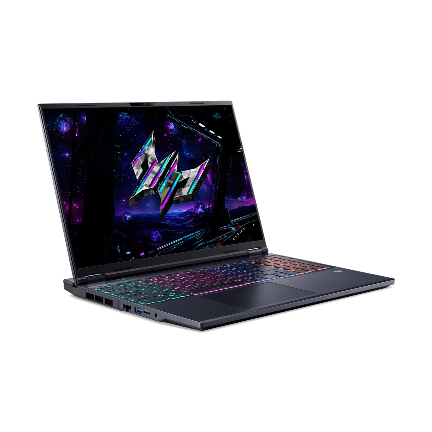 Un laptop da gioco nero con tastiera retroilluminata colorata e uno sfondo a tema spaziale.