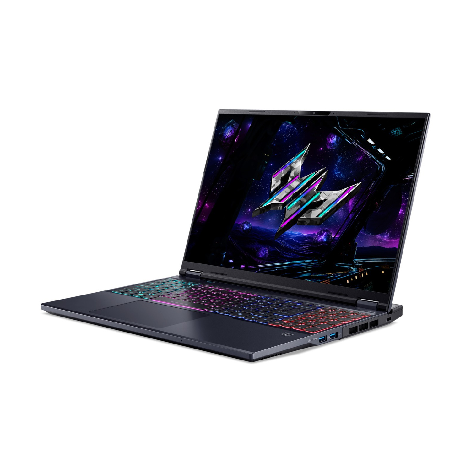 Un laptop da gioco nero con tastiera retroilluminata RGB colorata e uno sfondo a tema spaziale sullo schermo.