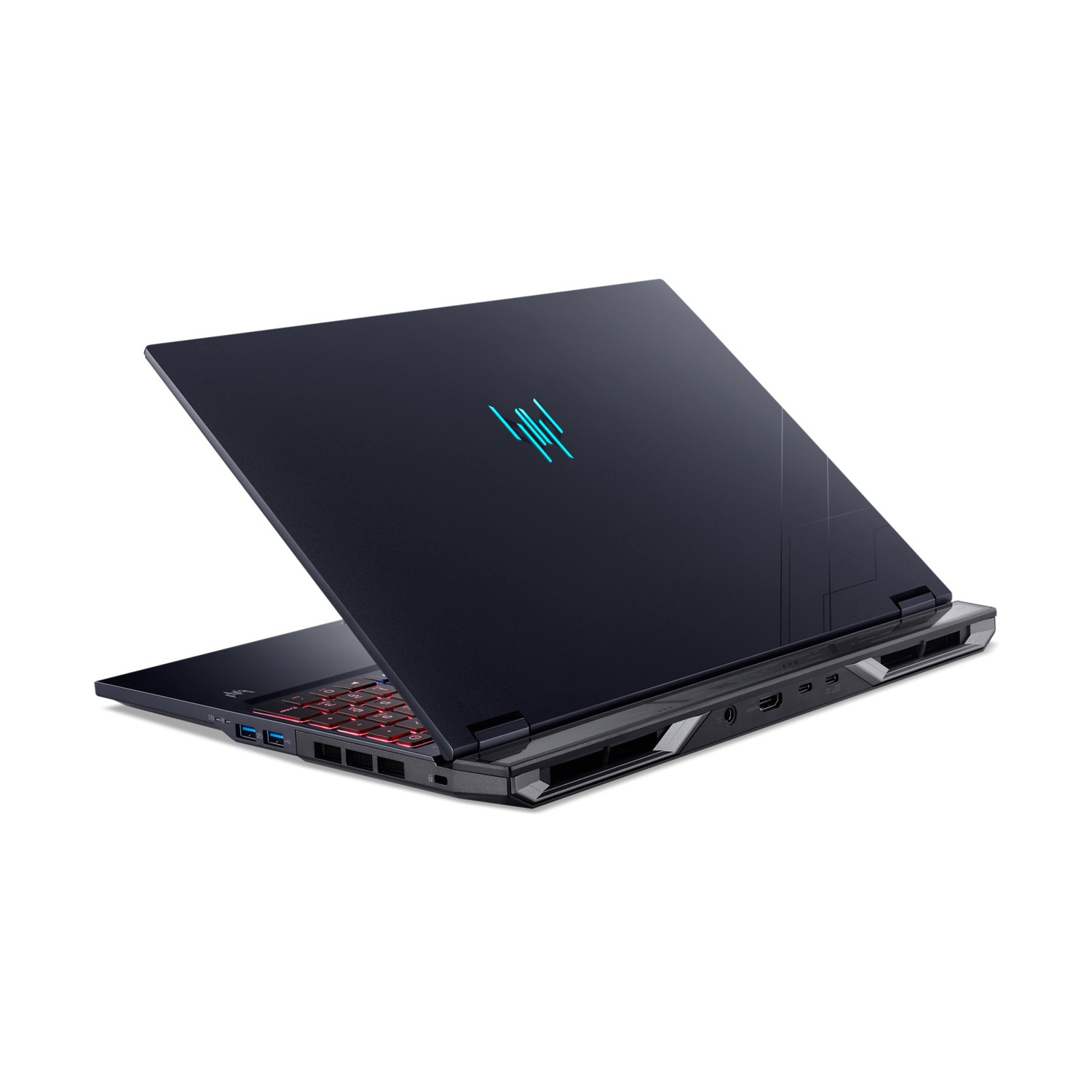 Un laptop da gioco blu scuro chiuso con un logo blu luminoso sul coperchio e tasti rossi.