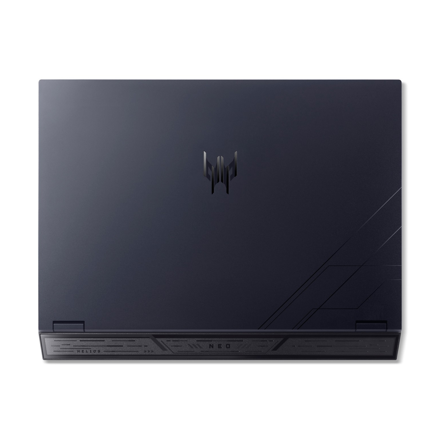 Laptop chiuso blu scuro con logo centrato e linee diagonali nell'angolo inferiore destro.