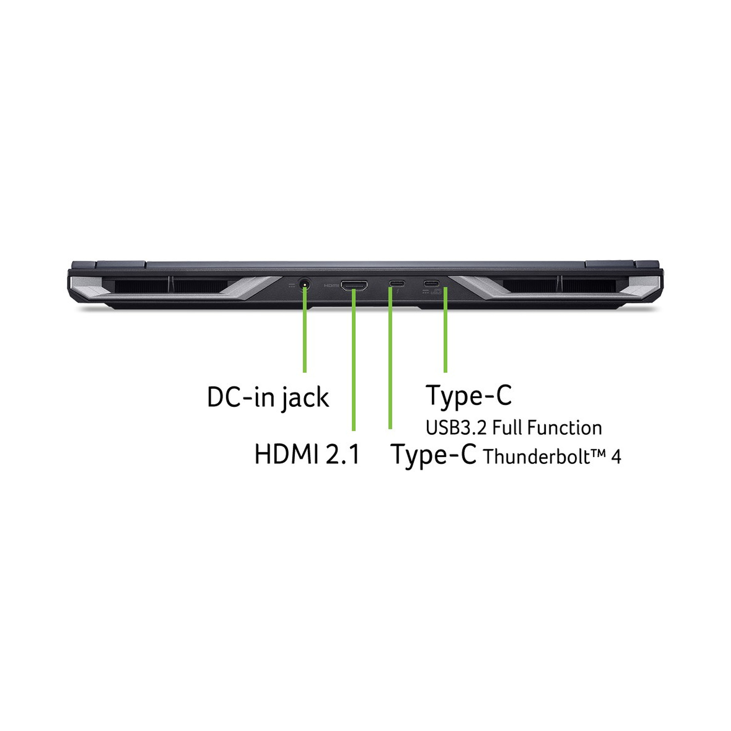 Porte posteriori di un laptop con jack DC-in, HDMI 2.1, Type-C Thunderbolt 4 e Type-C USB 3.2.