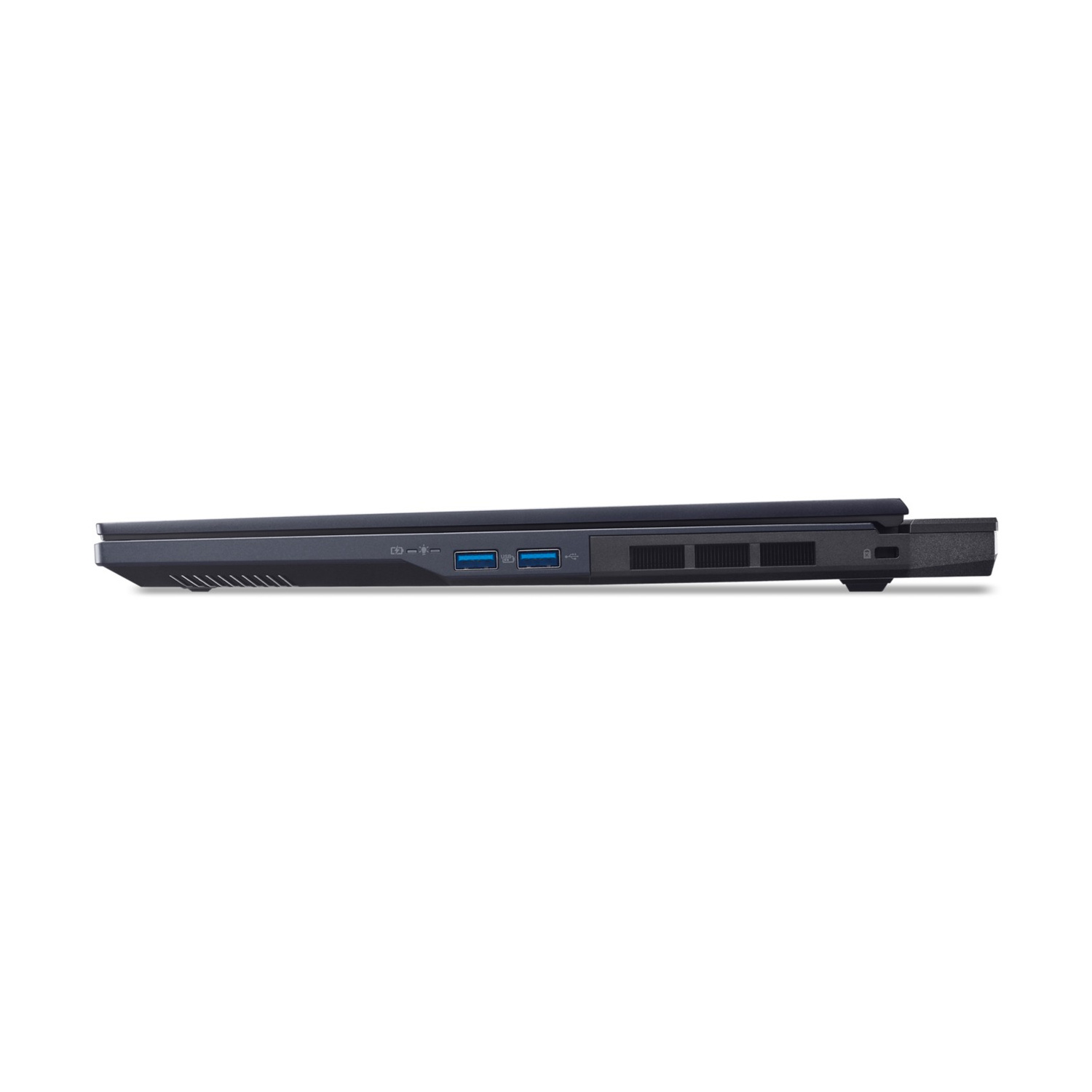 Profilo laterale sinistro di un laptop nero con due porte USB blu e griglie di ventilazione.