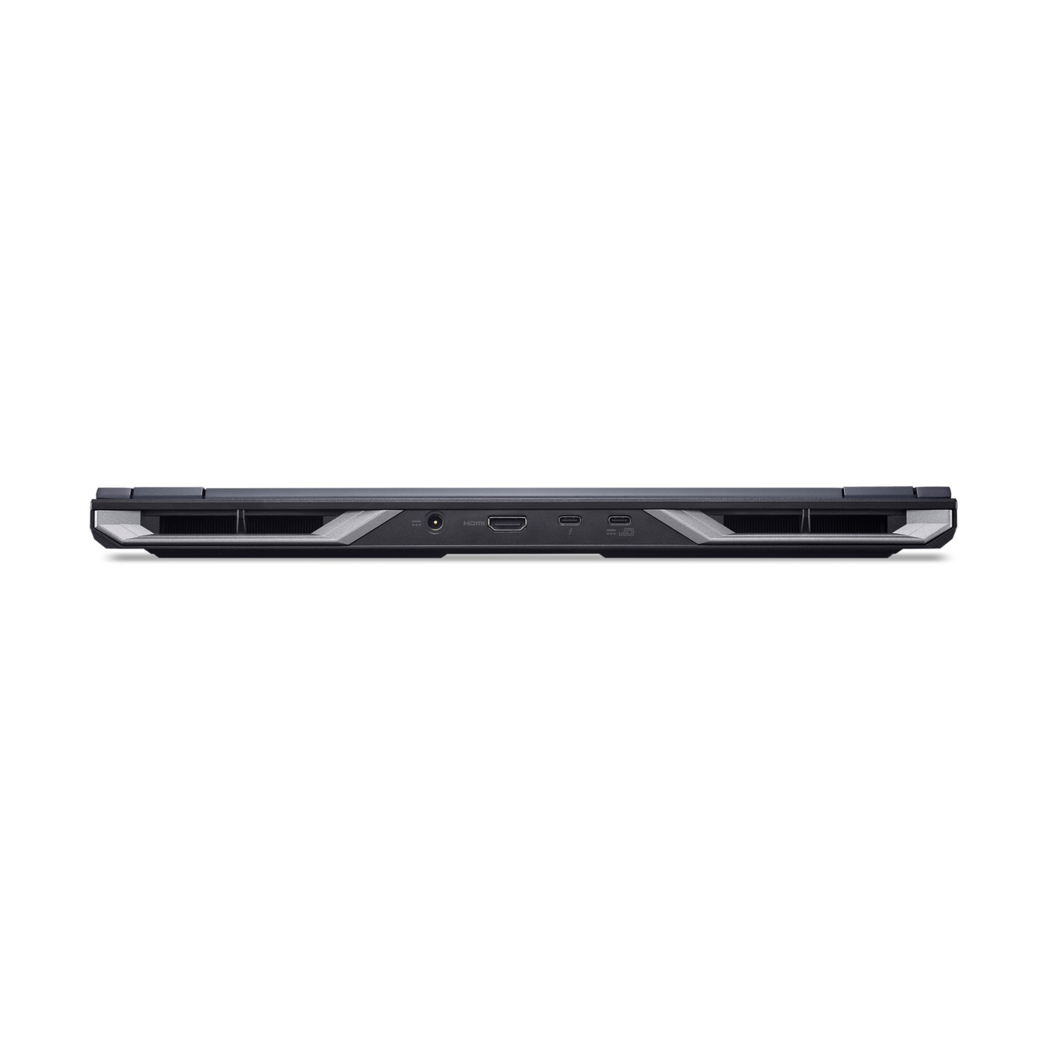 Il retro di un laptop mostra porte come HDMI, USB-C e alimentazione, affiancate da griglie di aerazione.