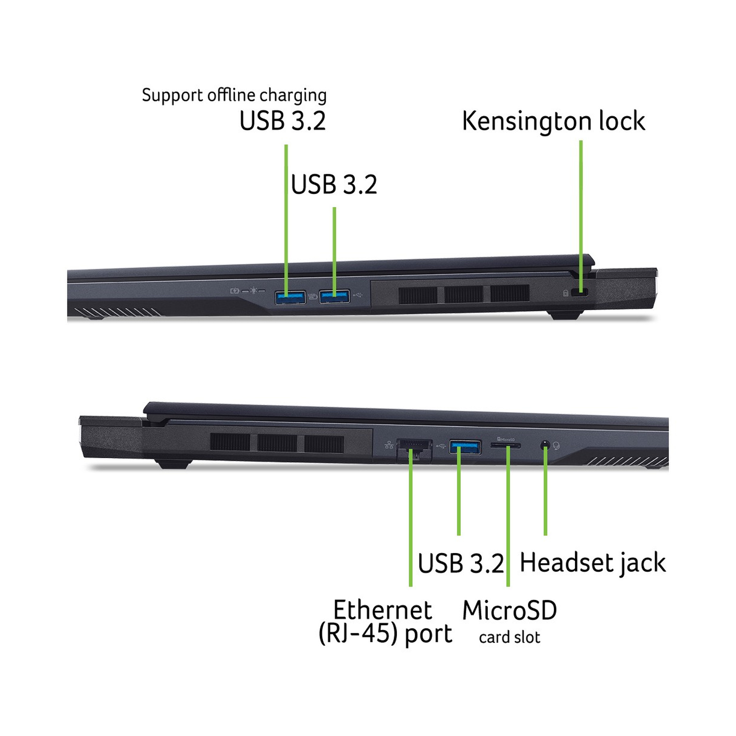 Viste laterali di un laptop con porte USB 3.2, Ethernet, MicroSD e cuffie.