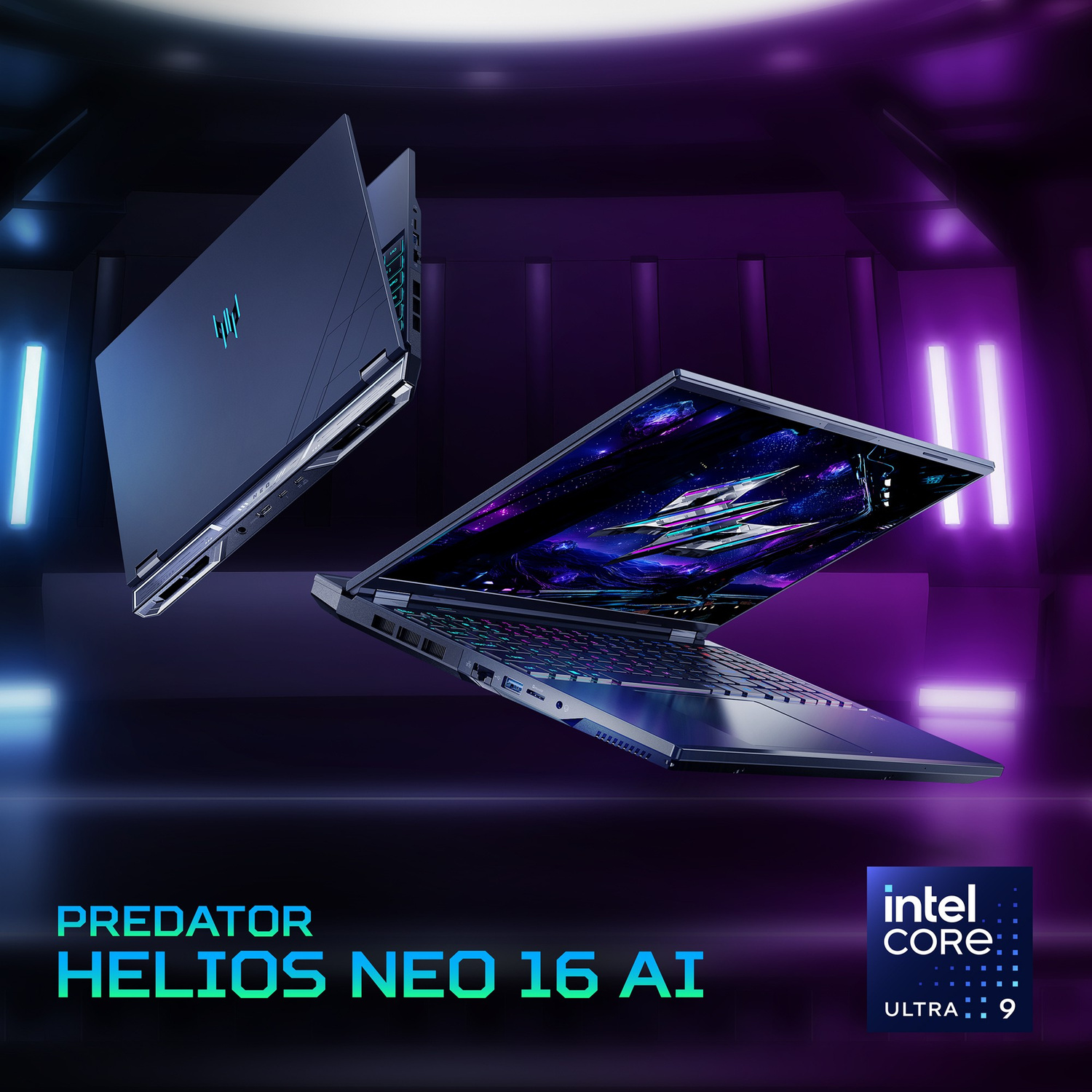 Laptop Predator Helios Neo 16 AI su sfondo viola con logo Intel Core Ultra 9.