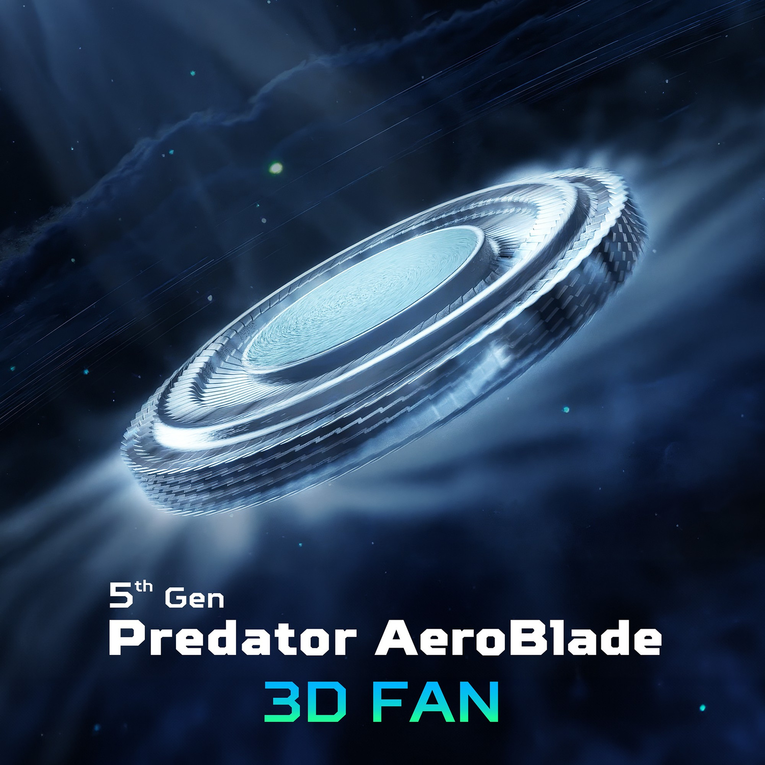 Un ventilatore argentato futuristico in uno spazio scuro e luminoso con testo 5th Gen Predator AeroBlade 3D FAN.