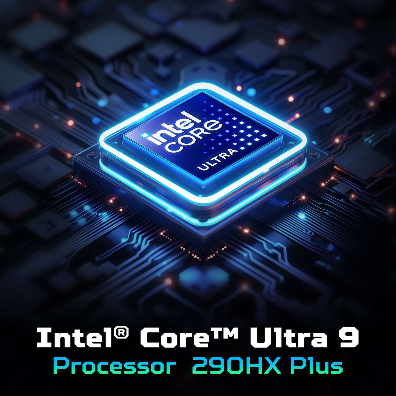 Processore Intel Core Ultra 9 luminoso su sfondo di scheda madre scura.