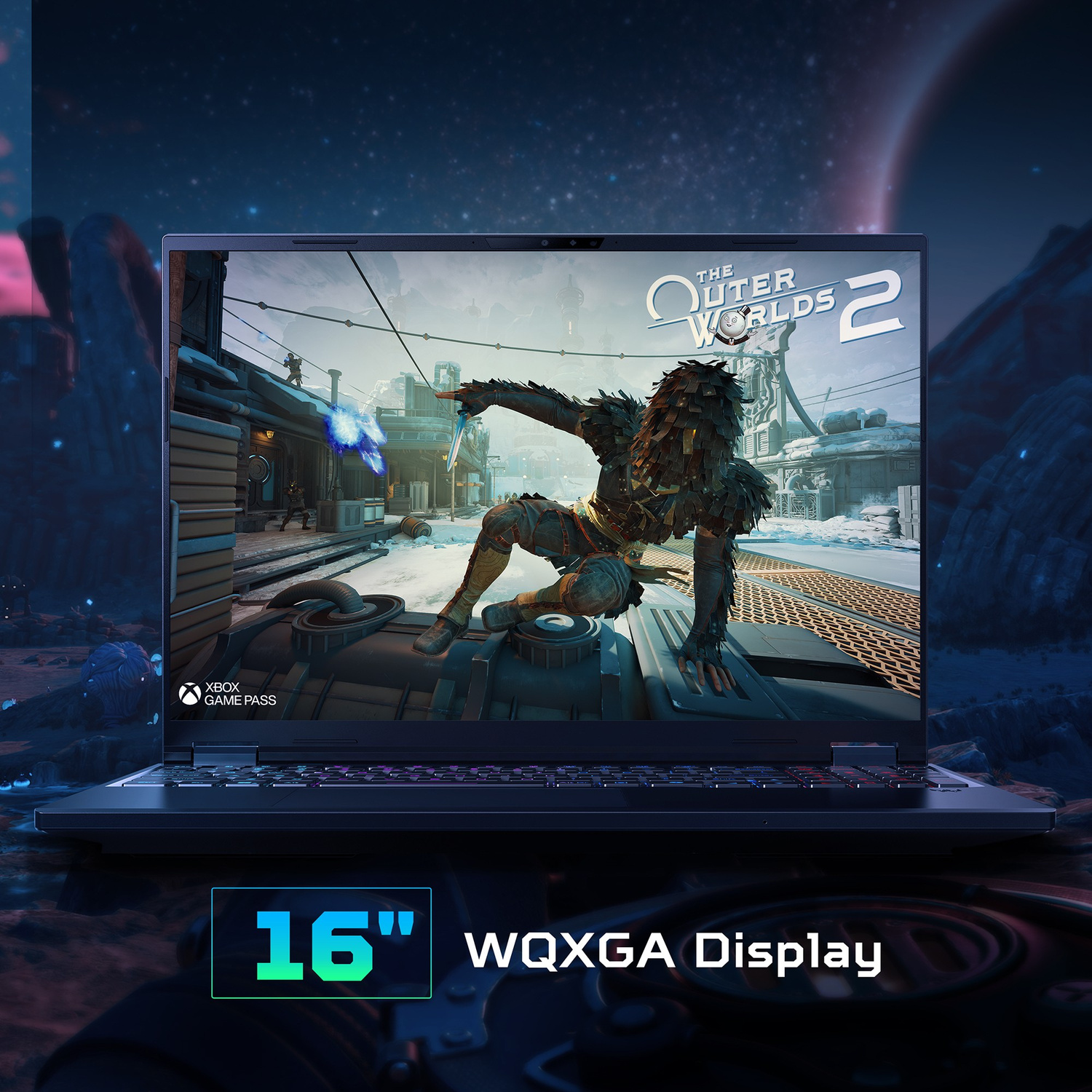 Un computer portatile mostra il gioco The Outer Worlds 2 sul suo schermo WQXGA da 16 pollici con sfondo cosmico.