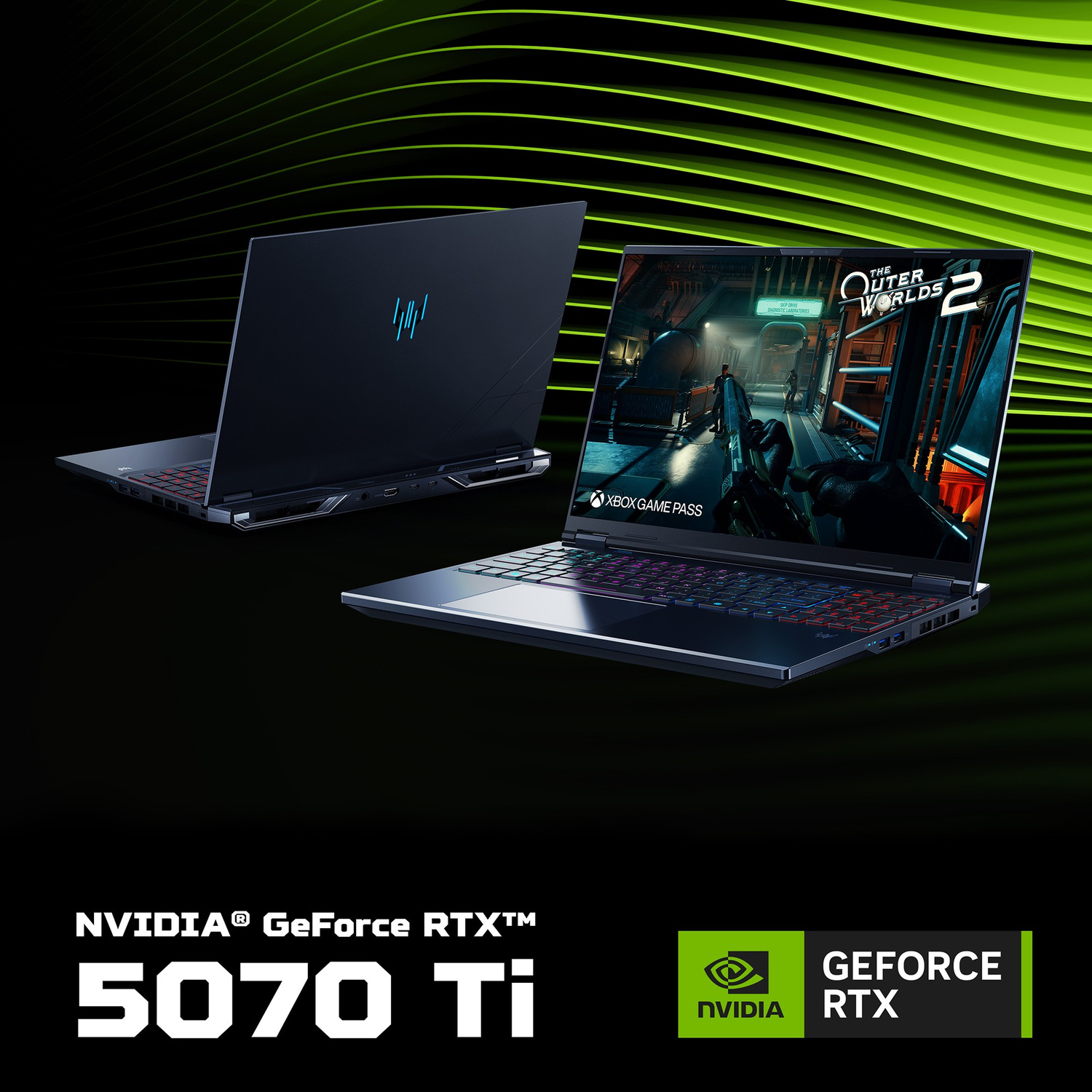 Due laptop con Nvidia GeForce RTX 5070 Ti su sfondo nero con linee a onde verdi.