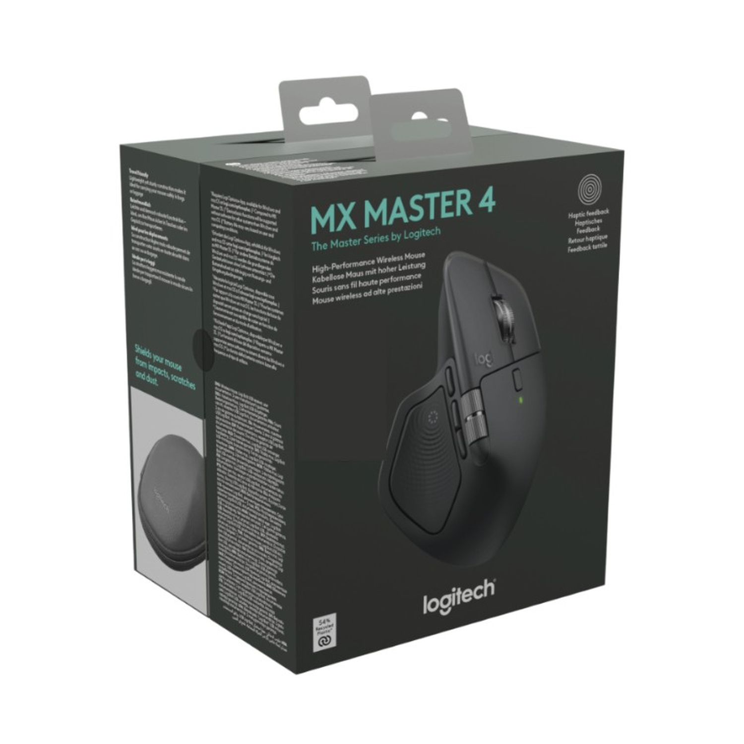 Confezione del mouse wireless Logitech MX Master 4 in grigio con immagine del prodotto.