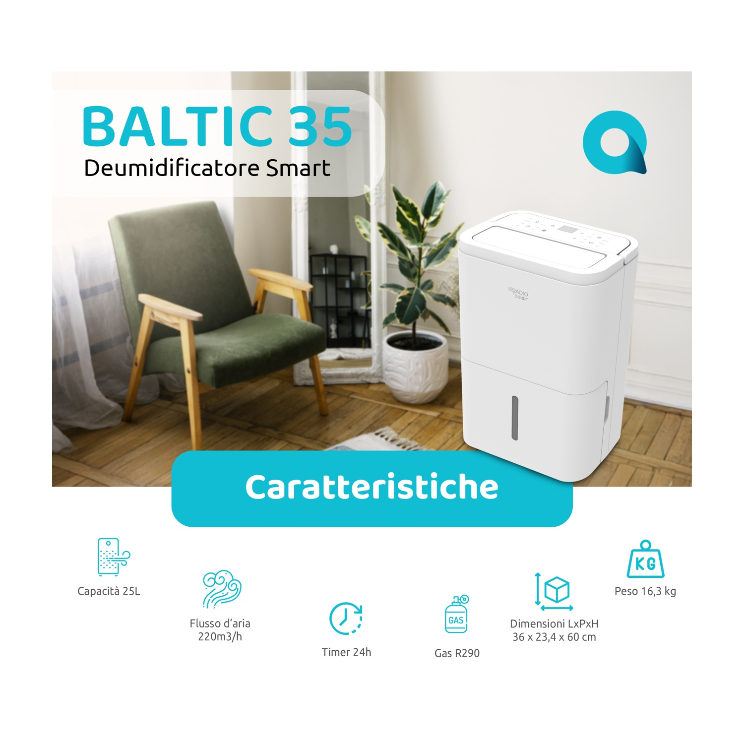 Deumidificatore smart bianco in stanza luminosa con poltrona verde, pianta e icone.