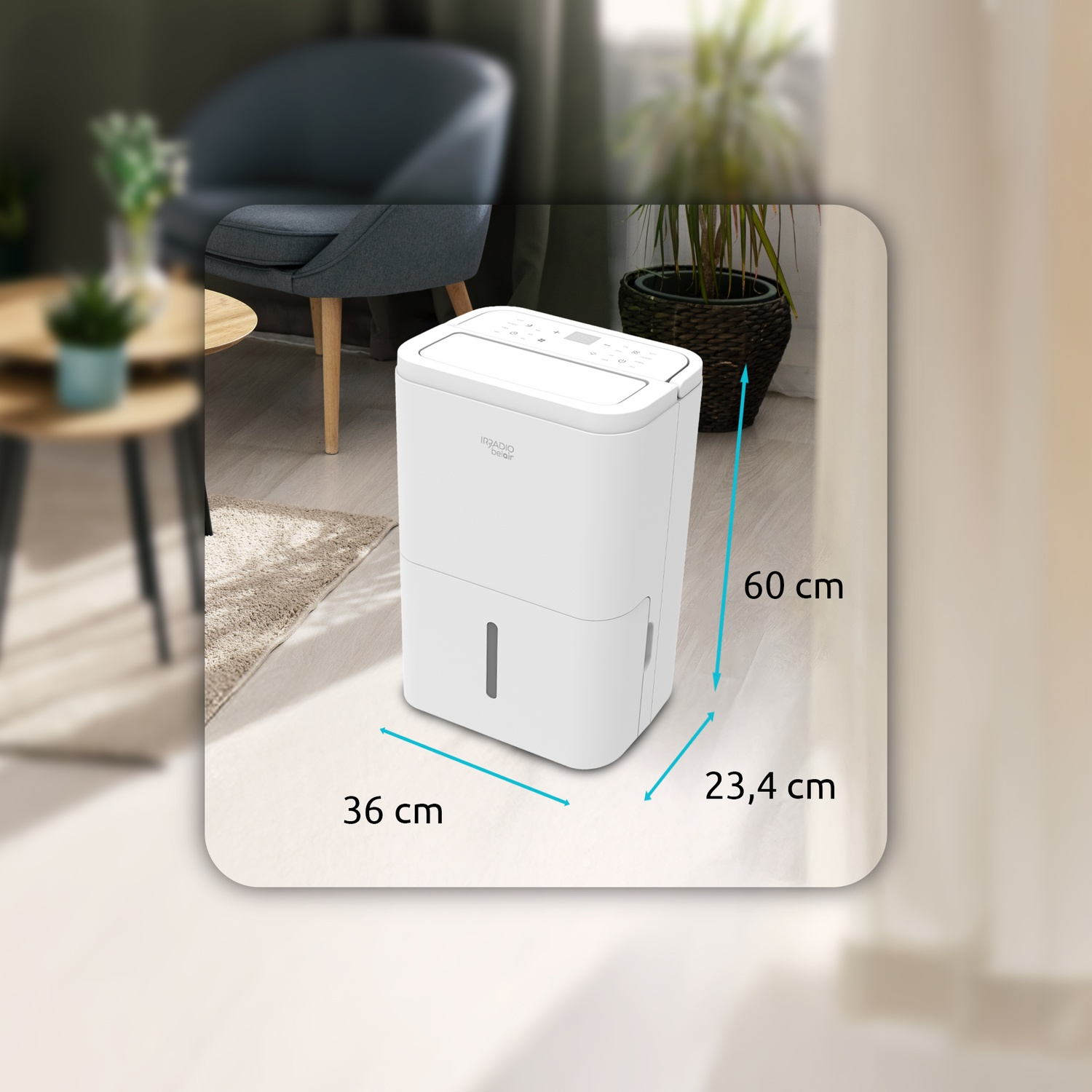 Deumidificatore bianco in una stanza con dimensioni di 60 cm di altezza, 36 cm di larghezza e 23,4 cm di profondità.