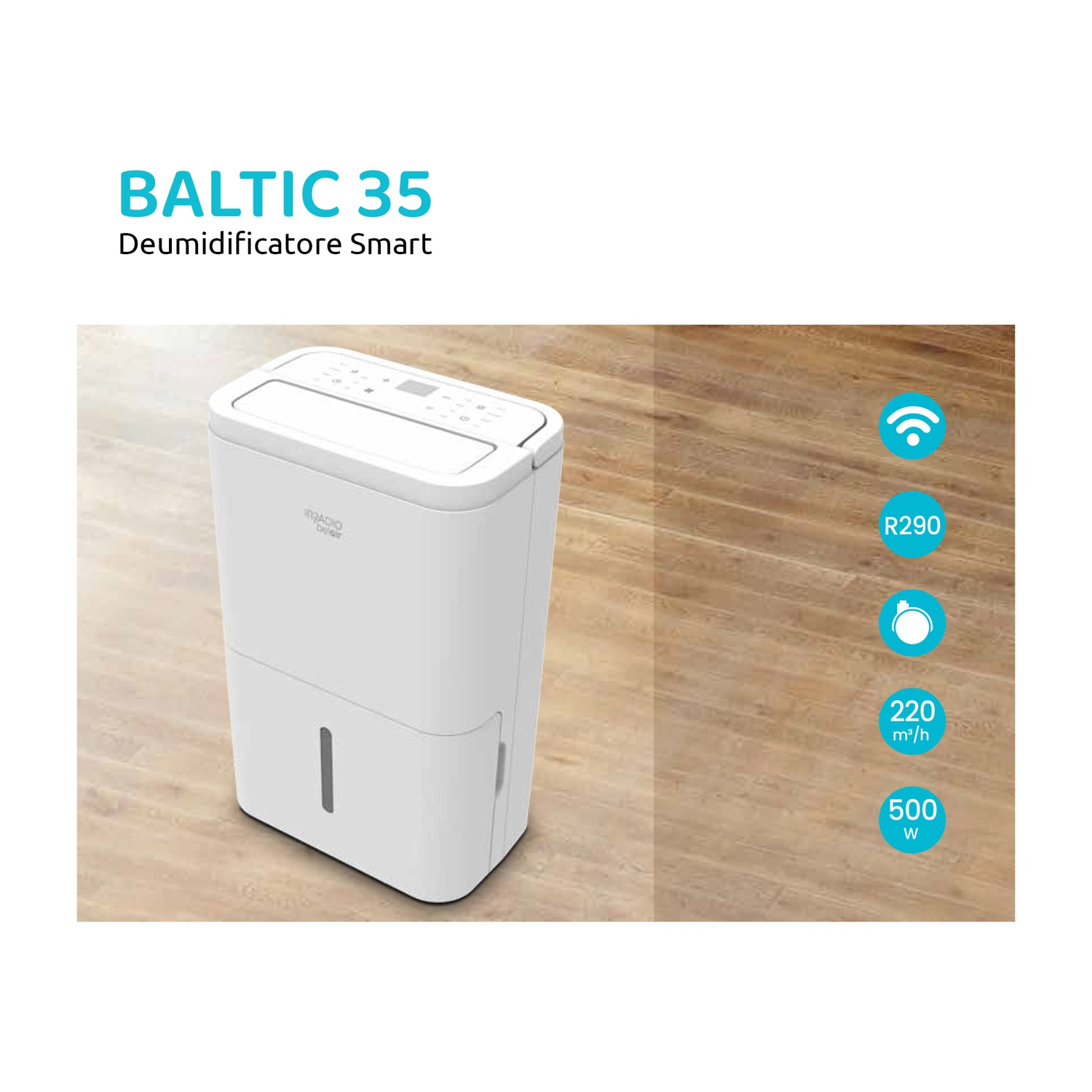 Deumidificatore smart BALTIC 35 bianco su pavimento in legno con icone.