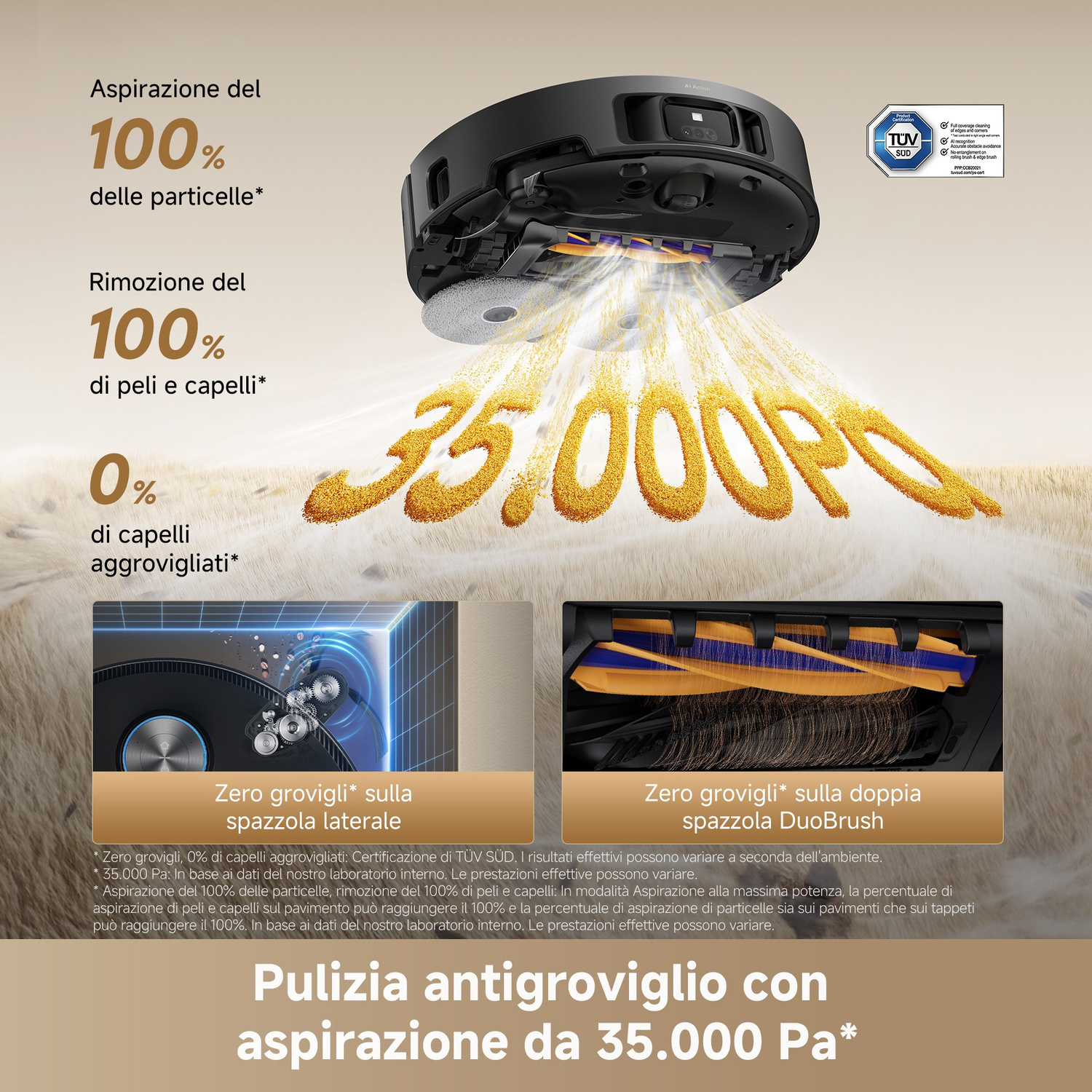 Pubblicità di robot aspirapolvere 35000 Pa con rimozione peli e anti-aggrovigliamento.