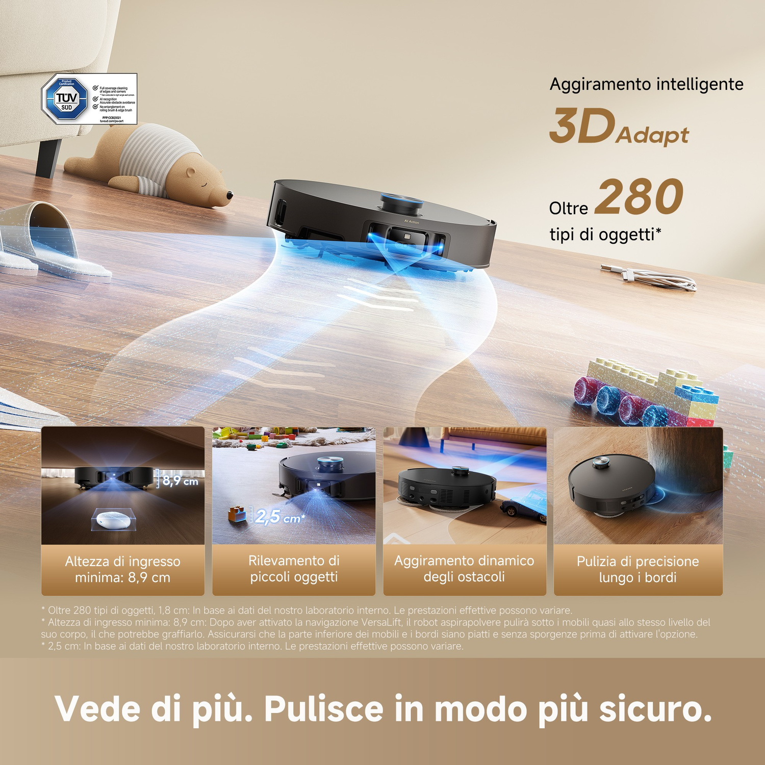 Un robot aspirapolvere su un pavimento in legno con fasci di sensori blu e quattro immagini più piccole sotto.
