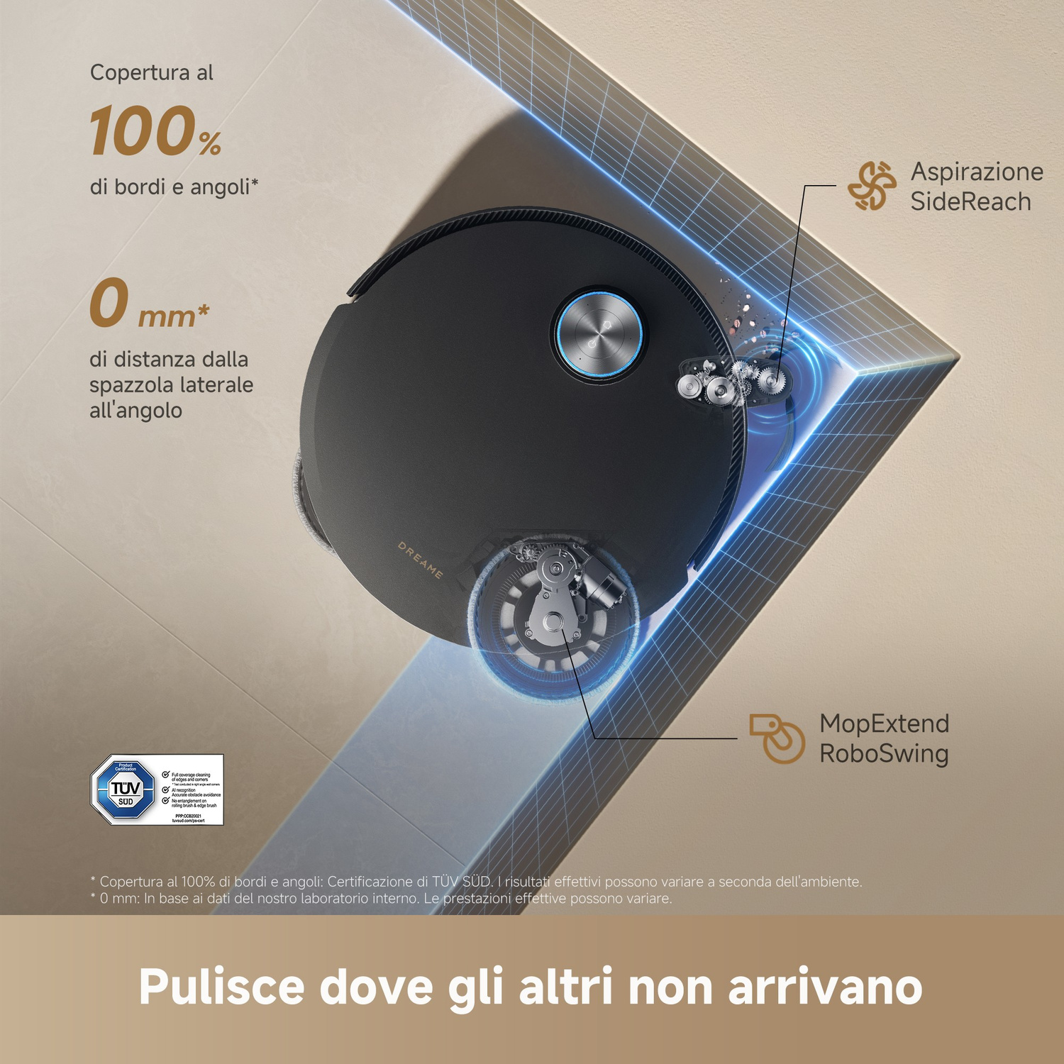 Un robot aspirapolvere nero pulisce l'angolo di una stanza con la spazzola laterale.