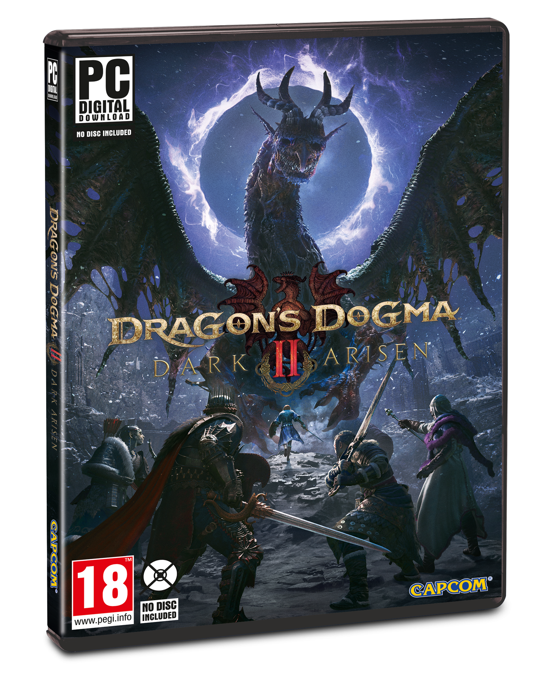 Spielhülle von Dragon's Dogma II Dark Arisen mit einem Drachen und Helden im Kampf.