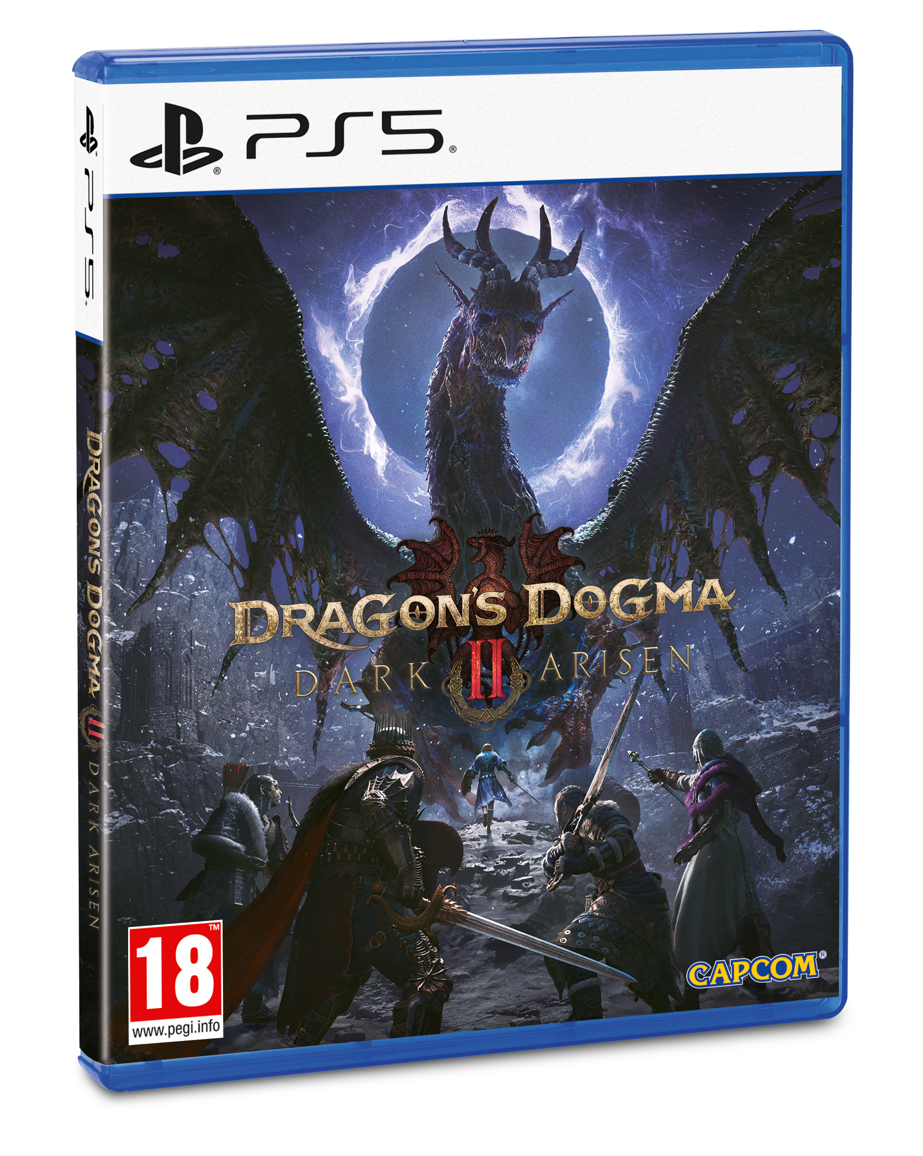 PS5-Spielhülle Dragon's Dogma 2 Dark Arisen mit Drachen und Charakteren auf dem Cover.