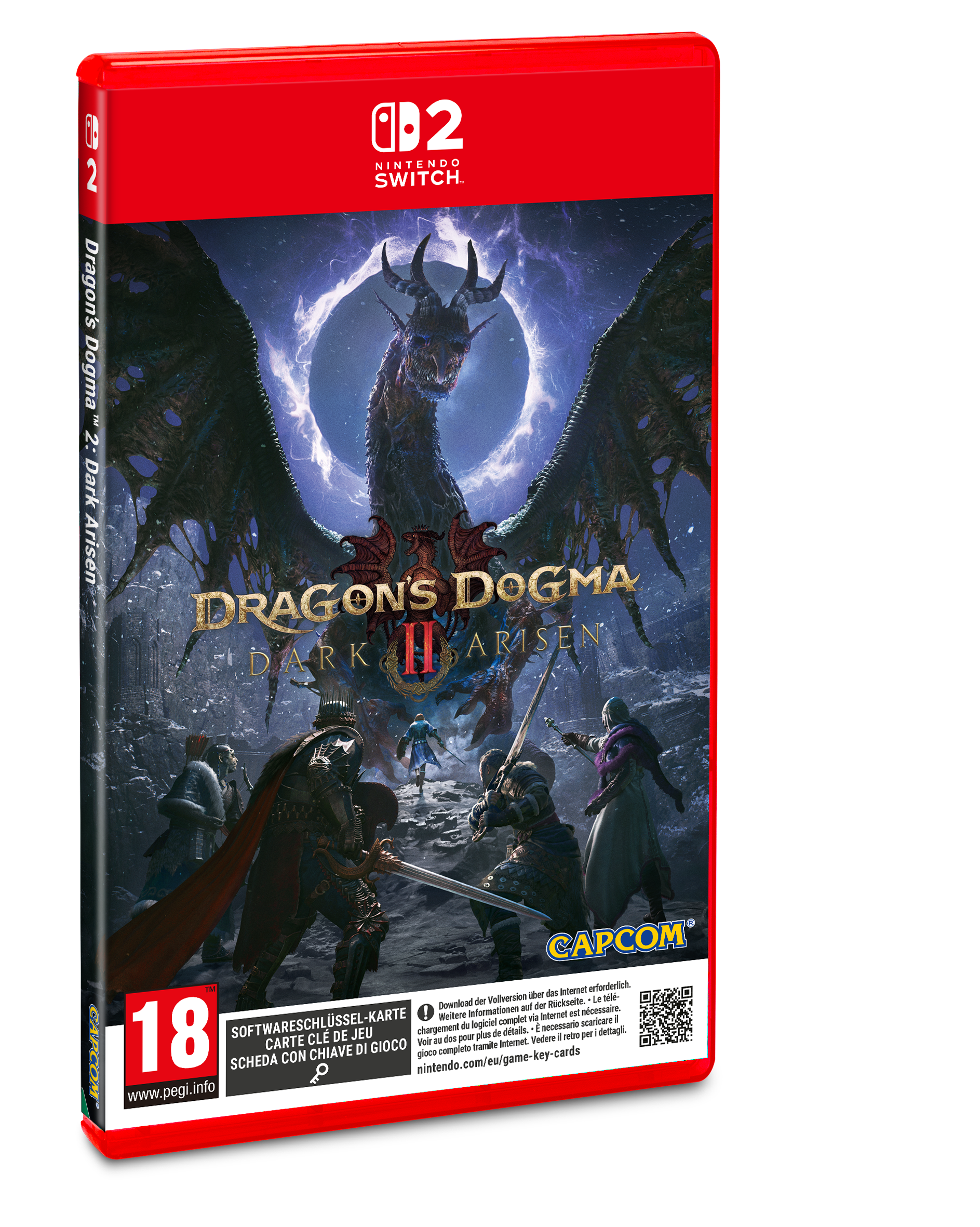 Spielhülle für Nintendo Switch 2 mit dem Cover von Dragon's Dogma 2 Dark Arisen und vier Charakteren im Vordergrund.