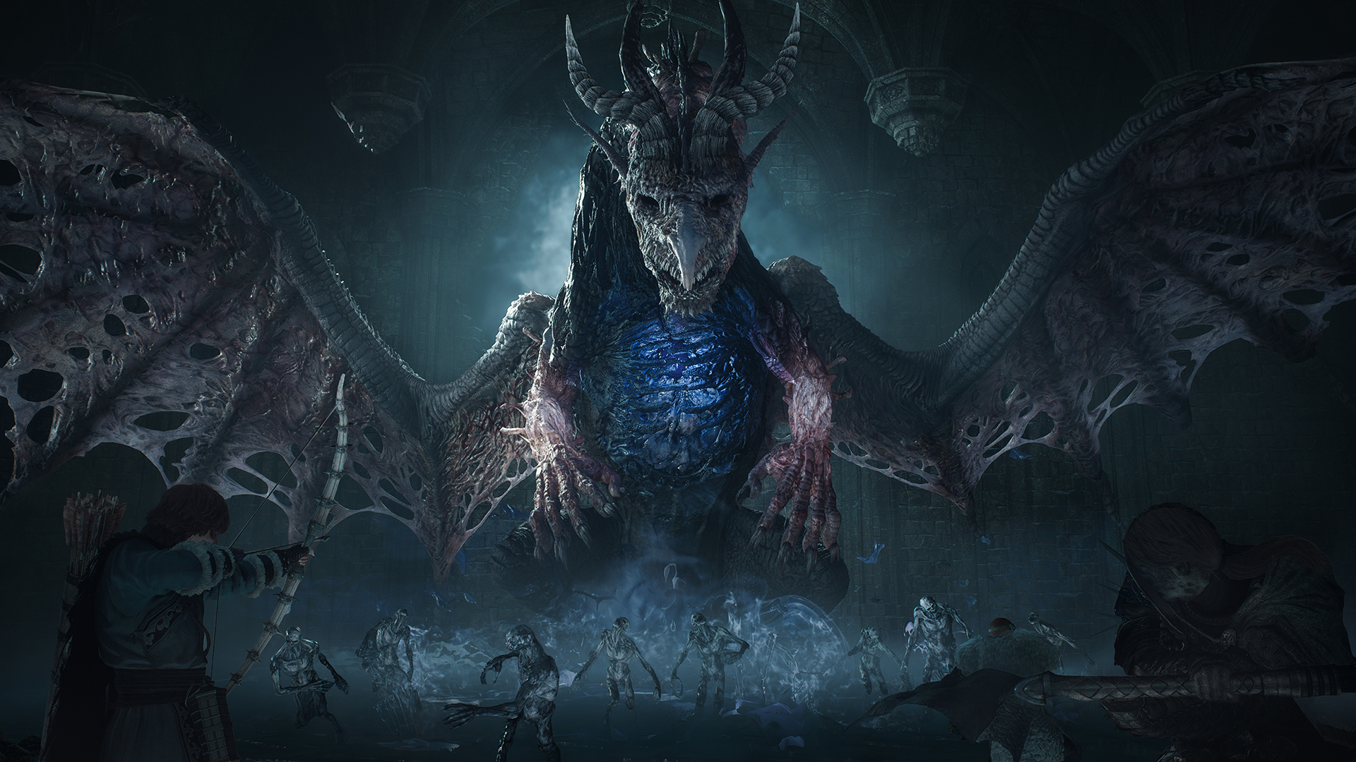 Ein riesiger geflügelter Drache mit blauem Brustkorb und Hörnern blickt in einer dunklen Gruft auf kleine Skelette herab.